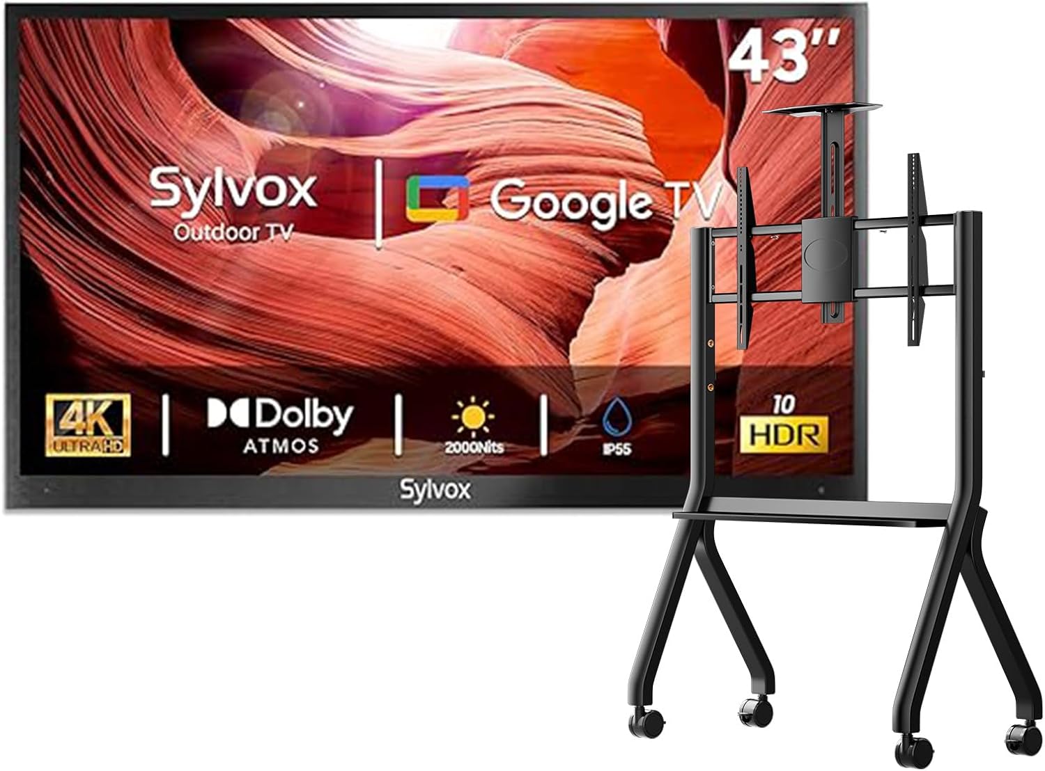 SYLVOX Outdoor TV with Rolling Stand, 43 inch 2000 Nit Full Sun Smart TVs, Sunlight Readable, IP55 Waterproof, 4K TV for Outdoor Households or Commercial Places