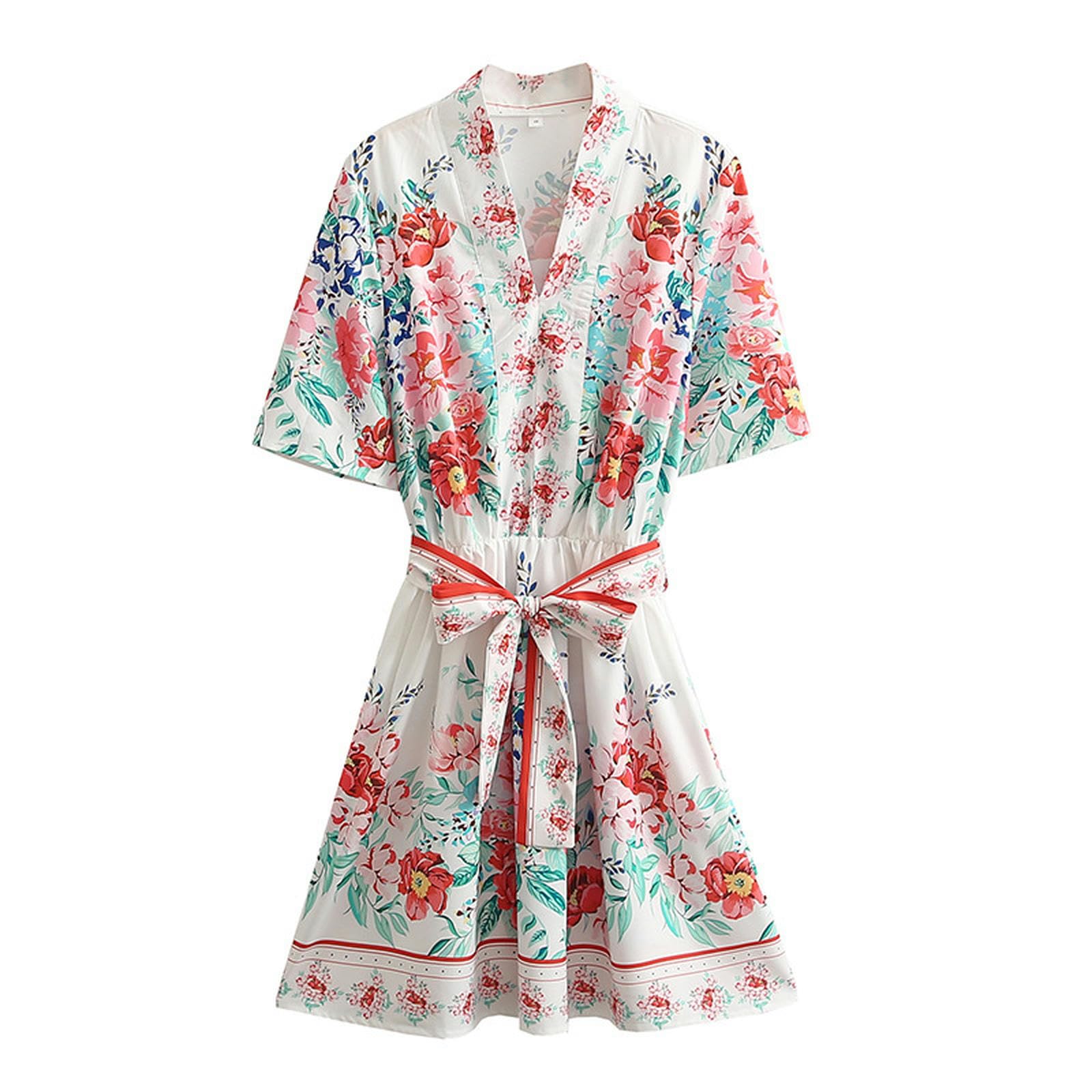 Robe d'été ceinturée col en V imprimé fluide anti-chaleur silhouette affinée M