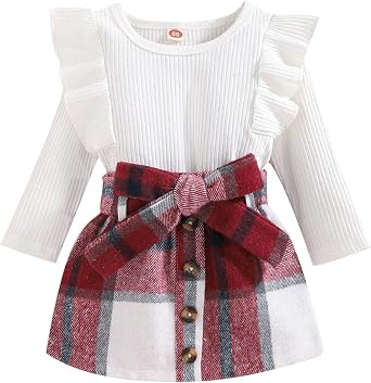 Noubeau Toddler Baby Girls Plaid Outfits Knit Ribbed Sweatshirt Shirt Tops Red Plaid Belt Skirt Fall Winter Clothes