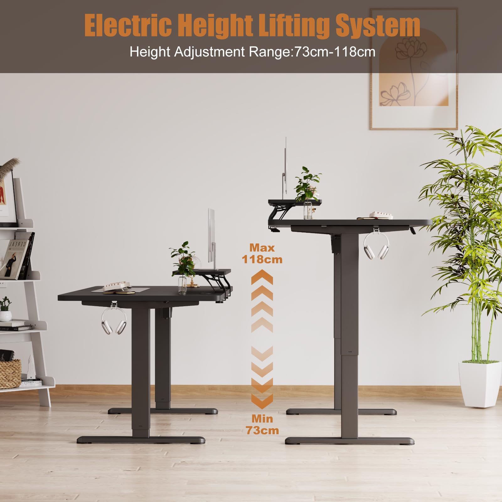 TRIUMPHKEY 160x70cm Scrivania Regolabile in Altezza,Ripiani per Monitor,Elettrica Scrivania per Computer con Funzione di Memoria,Standing Desk 73-118cm,Nero