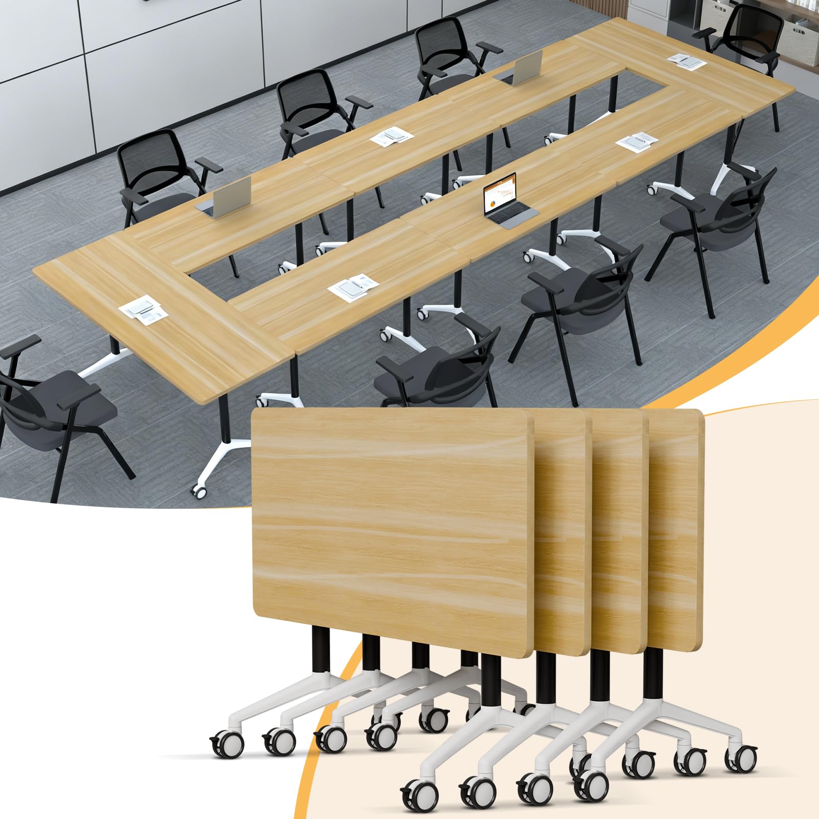Folding Conference Tables,Flip Top Conference Room Table Mobile Training Tables for 8-10 People,Meeting Table with Silent Wheels for Office Seminar Classroom Tables(6,Maple Leaf,47.2in)