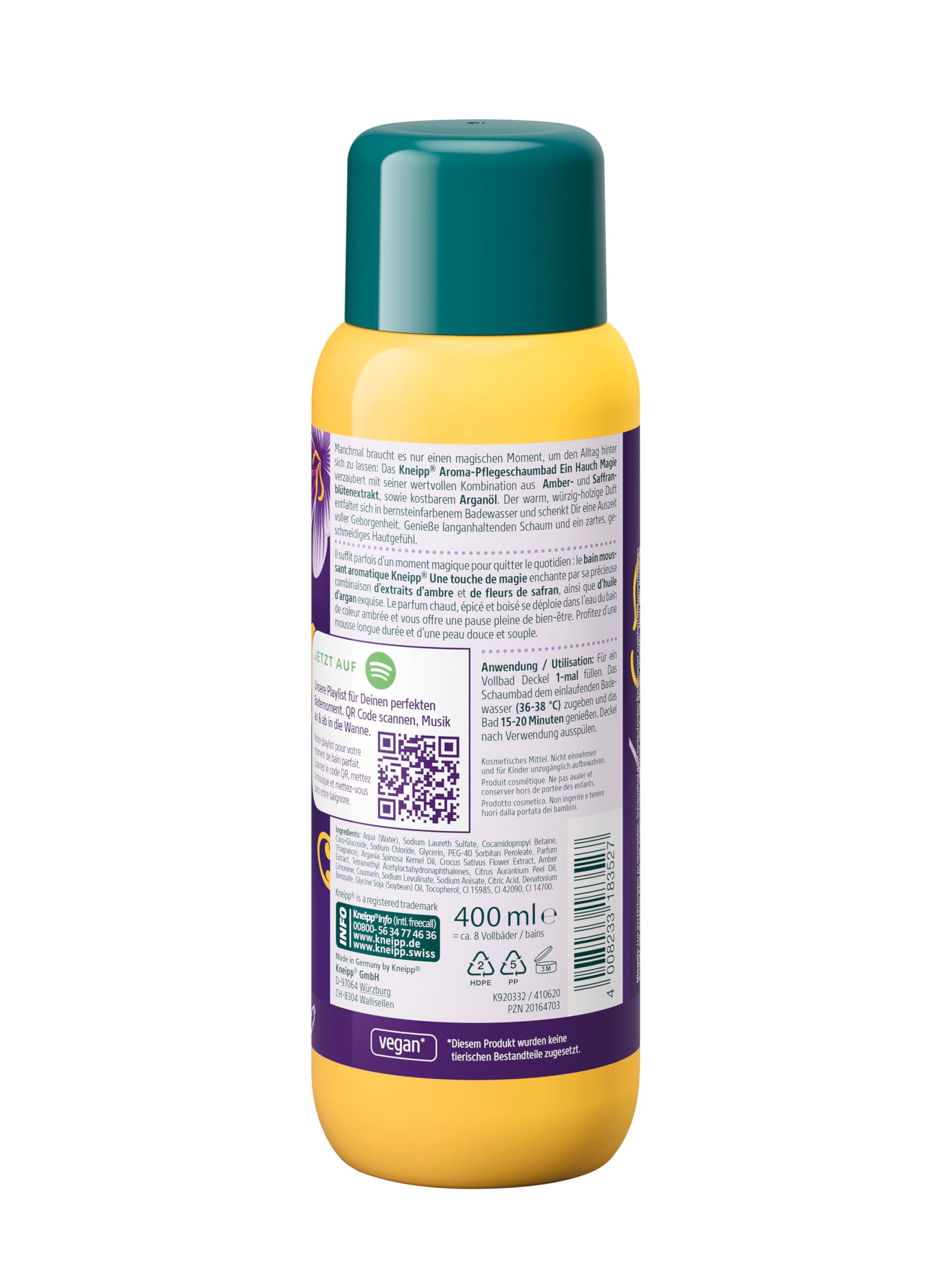 Kneipp Powiew magii aromatyczna pianka do kąpieli – z ekstraktem z kwiatów bursztynu i szafranu oraz olejkiem arganowym – 400 ml