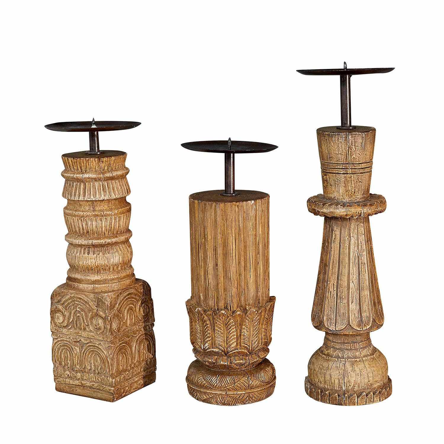 Loberon Kerzenständer 3er Set Zahirah - braun, braun | DREI Designs, Realistische Holz-Optik, Detailreiche Schnitzereien, Kerzenhalter, Dekoration, Polyresin, Eisen
