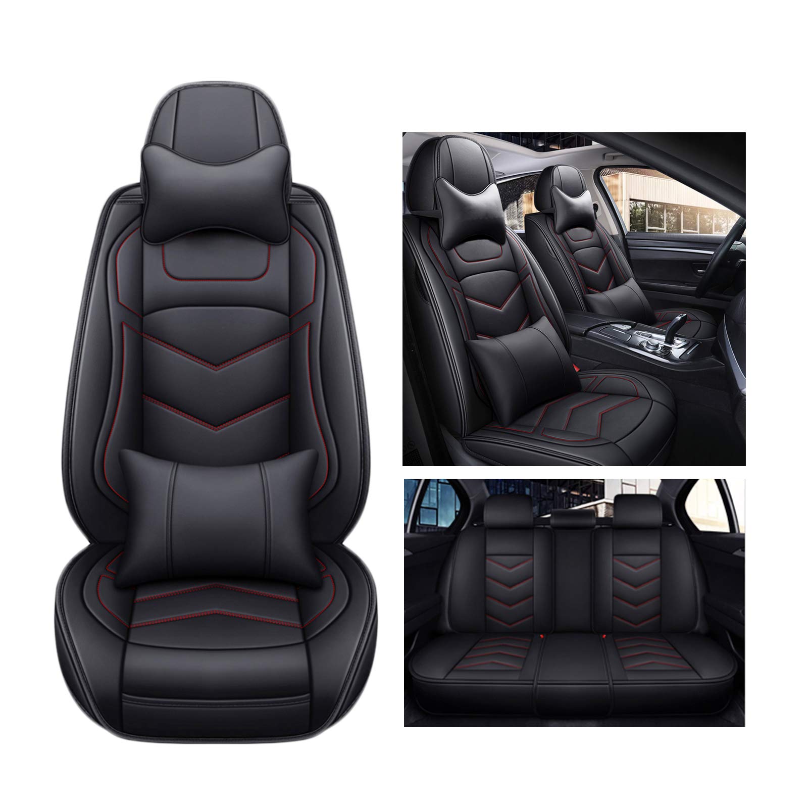 JOYOTOUniversal Car Seat Covers Full Set with Headrest&Waist Pillow for 5-Seat Vehicles Front&Rear Full Coverage Seat Cushion, Black&Red