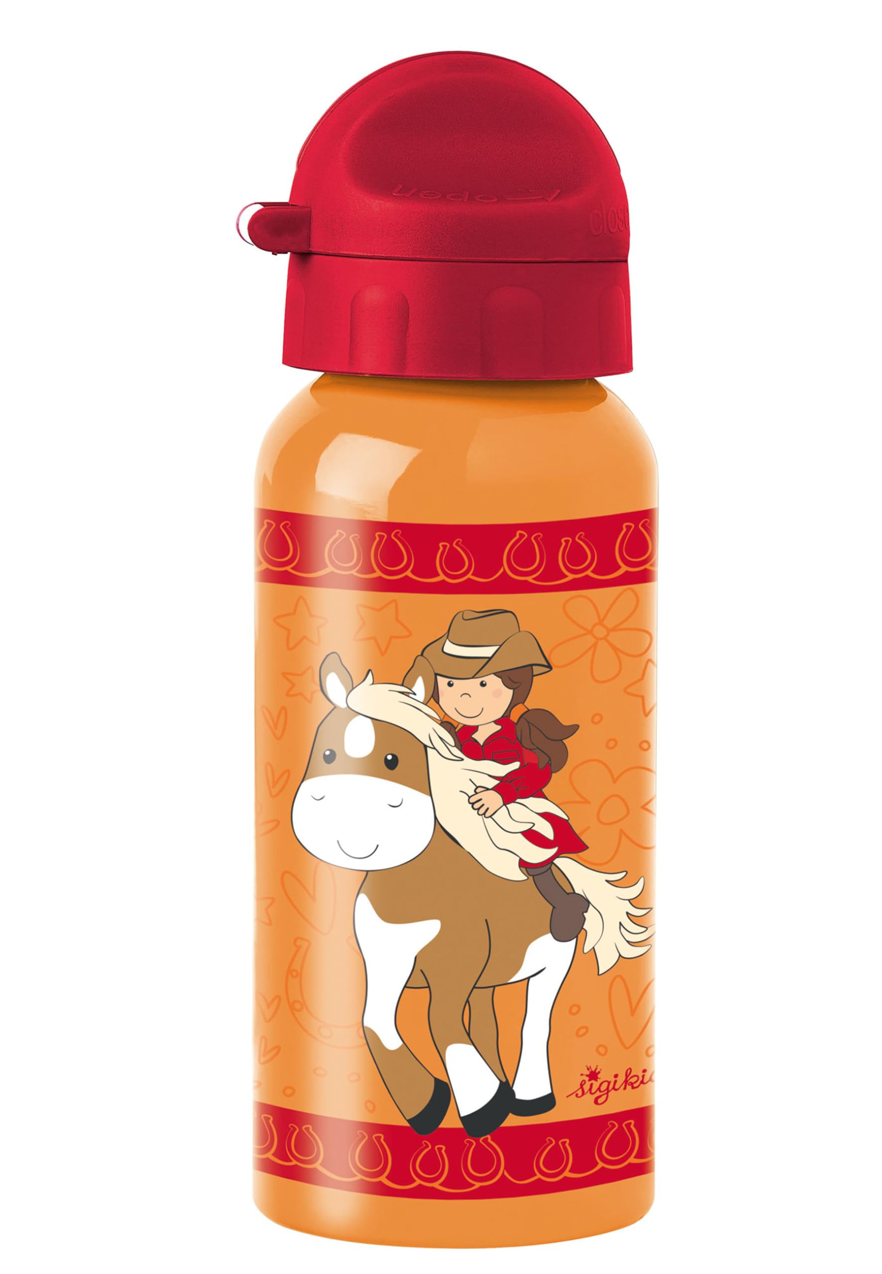 SIGIKID Edelstahl Trinkflasche Gina Galopp, auslaufsicher, BPA-frei, robust, leicht, Drehverschluss zerlegbar, gut zu reinigen, für Kinder 3-8 Jahre, Art.-Nr. 25289, Pferde/orange-rot 400 ml