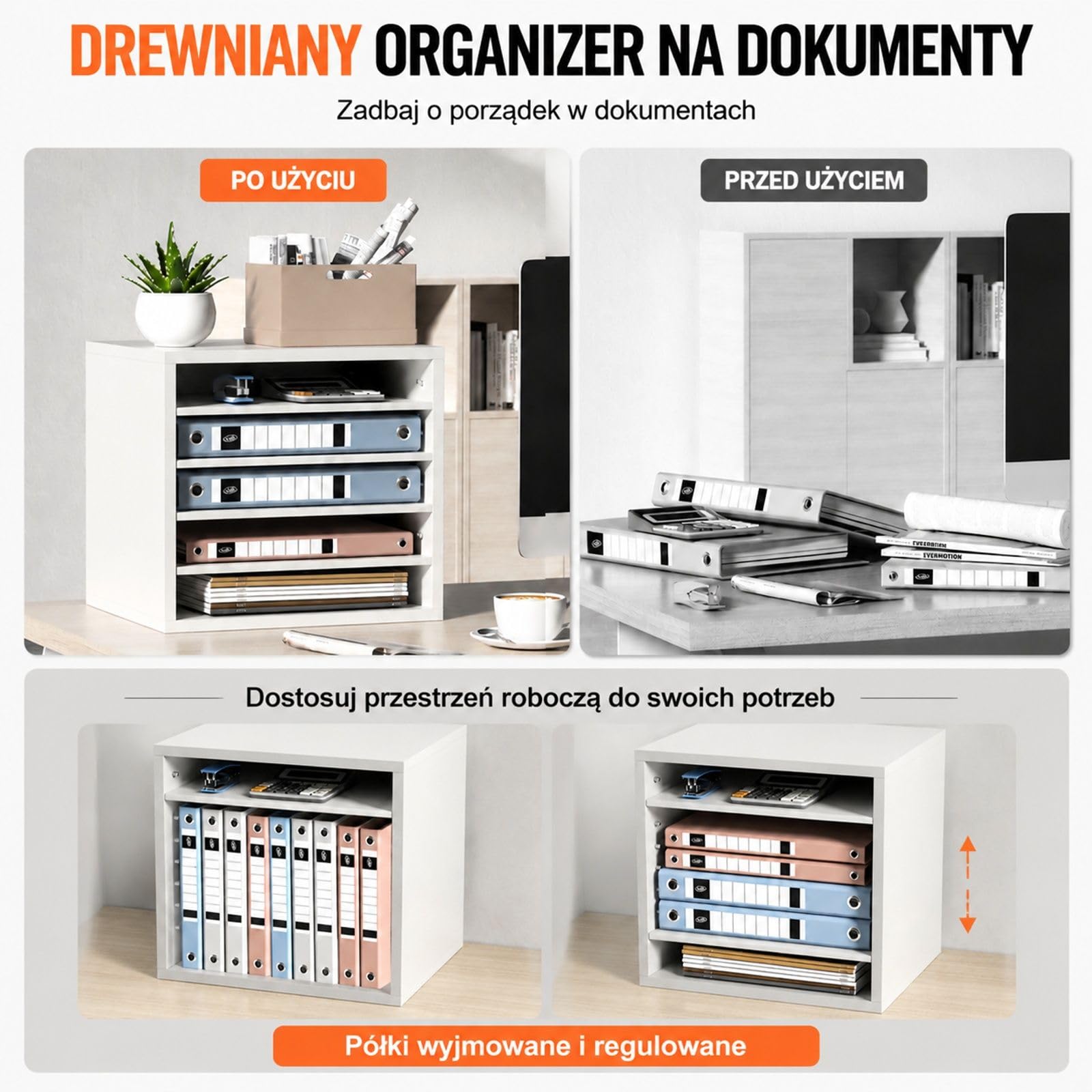 Biały sorter na dokumenty z 5 przegródkami, regulowane półki, taca na papier A4 do biura, domu i sali lekcyjnej