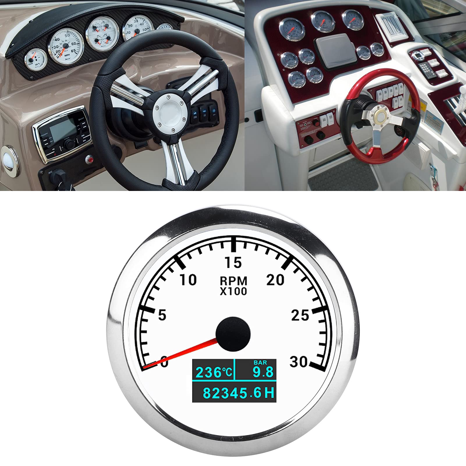 Tacómetro de Puntero, Tacómetro RPM de Acero Inoxidable ABS RPM RPM Instalación Fácil para la Modificación del Automóvil Barcos de Automóvil (esfera blanca)