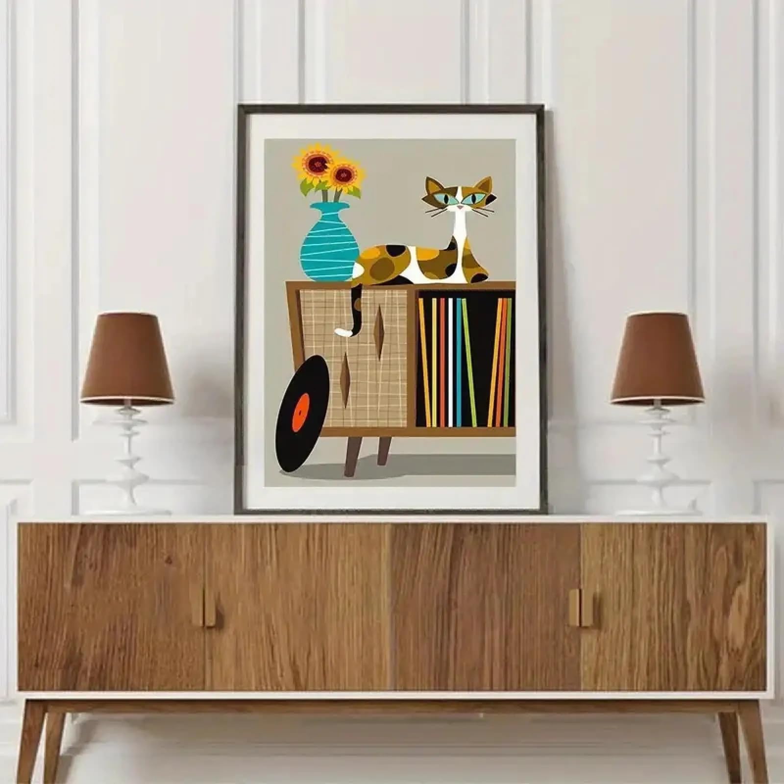 TONGYINLI Elegancki kot na płótnie druk na płótnie, stary gramofon płyta winylowa retro design plakat ścienny salon dekoracja domu miłośnik kotów ramka 70 x 110 cm