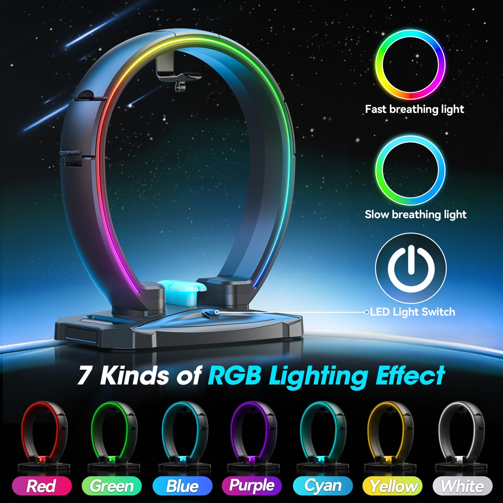 Supporto RGB per cuffie e controller con 9 modalità di illuminazione, gancio pieghevole per controller da scrivania, supporto per auricolari con organizer per cavi, per gamer, accessori