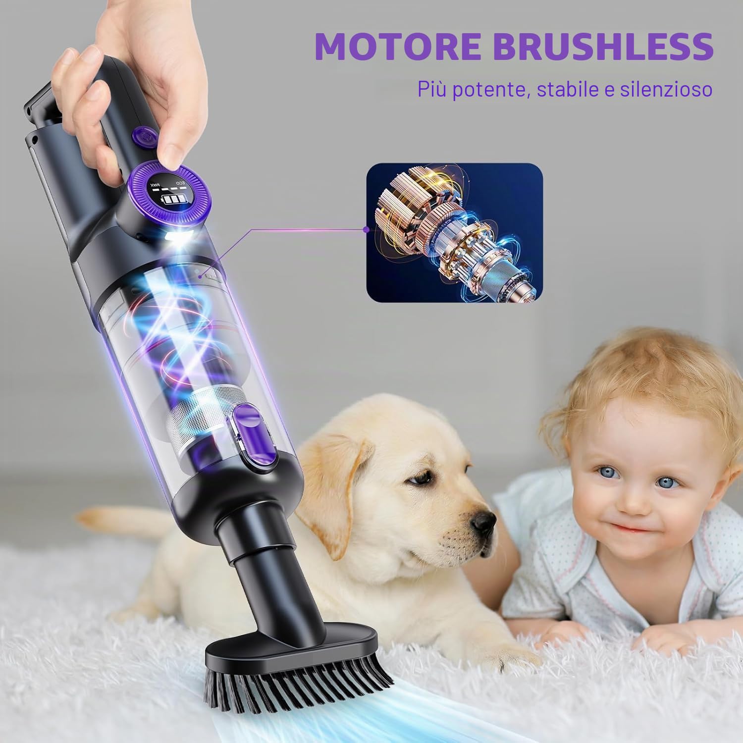 Brushless - Aspirapolvere manuale a batteria 18000Pa, senza spazzole, senza fili, per auto, casa, peli di animali, 64000 rpm