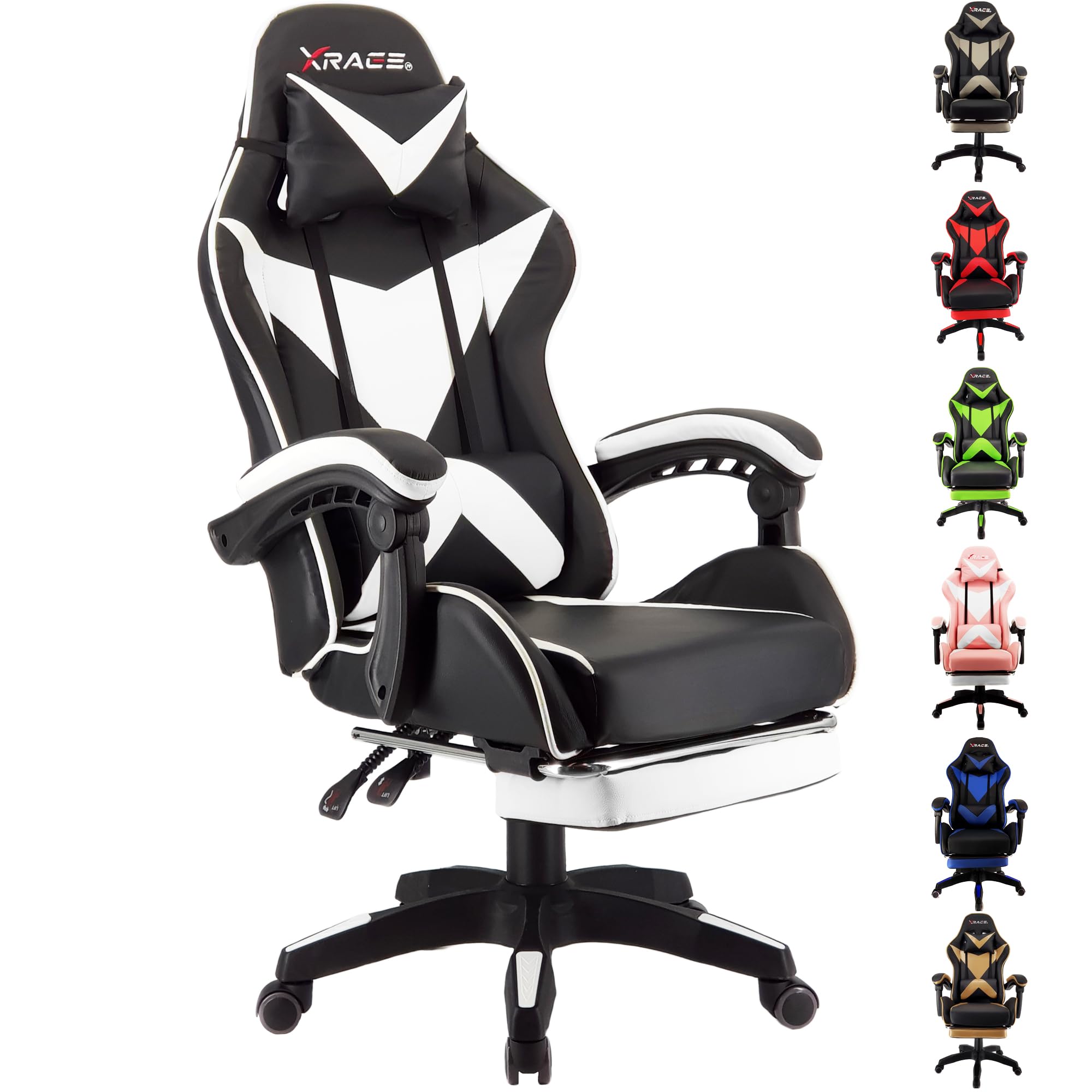 xRace Gaming Stuhl, Bürostuhl, Ergonomischer Pc Stuhl, aus Leder mit Lendenwirbelstütze, Verstellbarer Drehbarer, Task Stühle mit Fußstütze und Kopfstütze