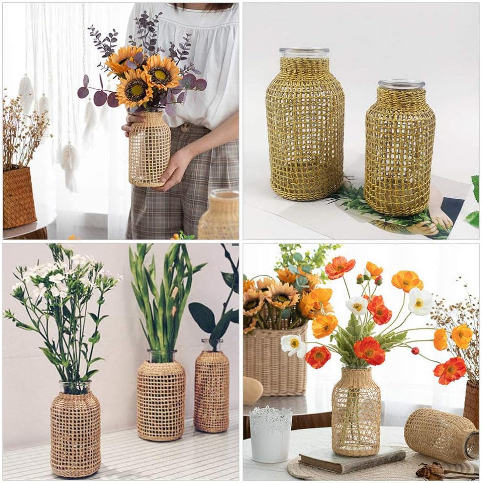 DOITOOL Rattan Vase Boho Woven Glass Vase, Country Rustic Style Wicker Floral Container, Farmhouse Flower Bottle for Floral Arrangements Housewarming Wedding Party Decoration (S+L)