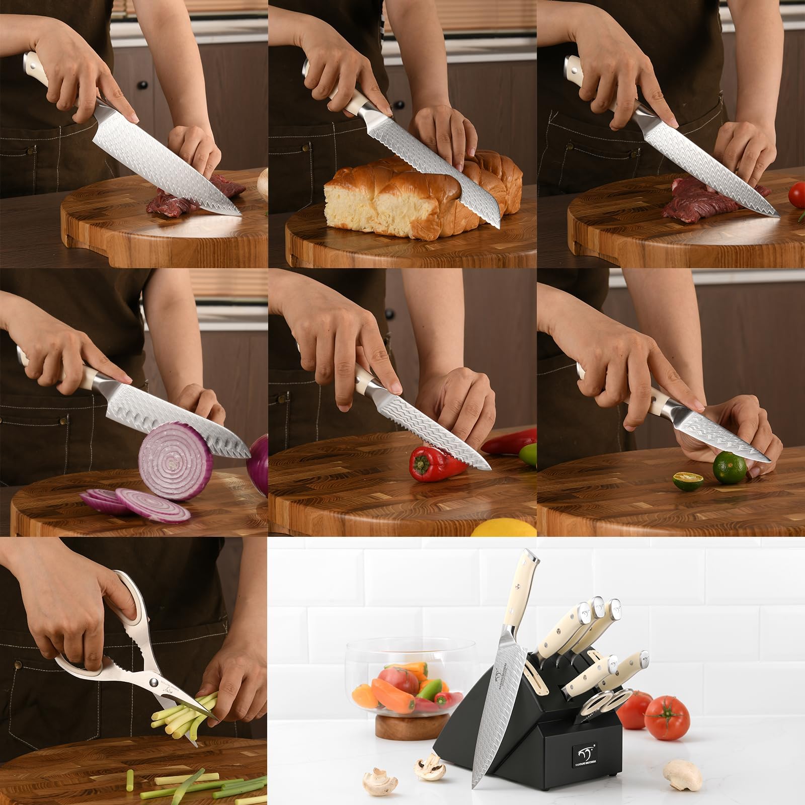 NANFANG BROTHERS Kochmesser Set 10 PCs Damaszener mit Block | VG 10-Kern Stahl, ABS Ergonomischer Griff, Disconnect-Type Messerblock, Küchenmesser Set