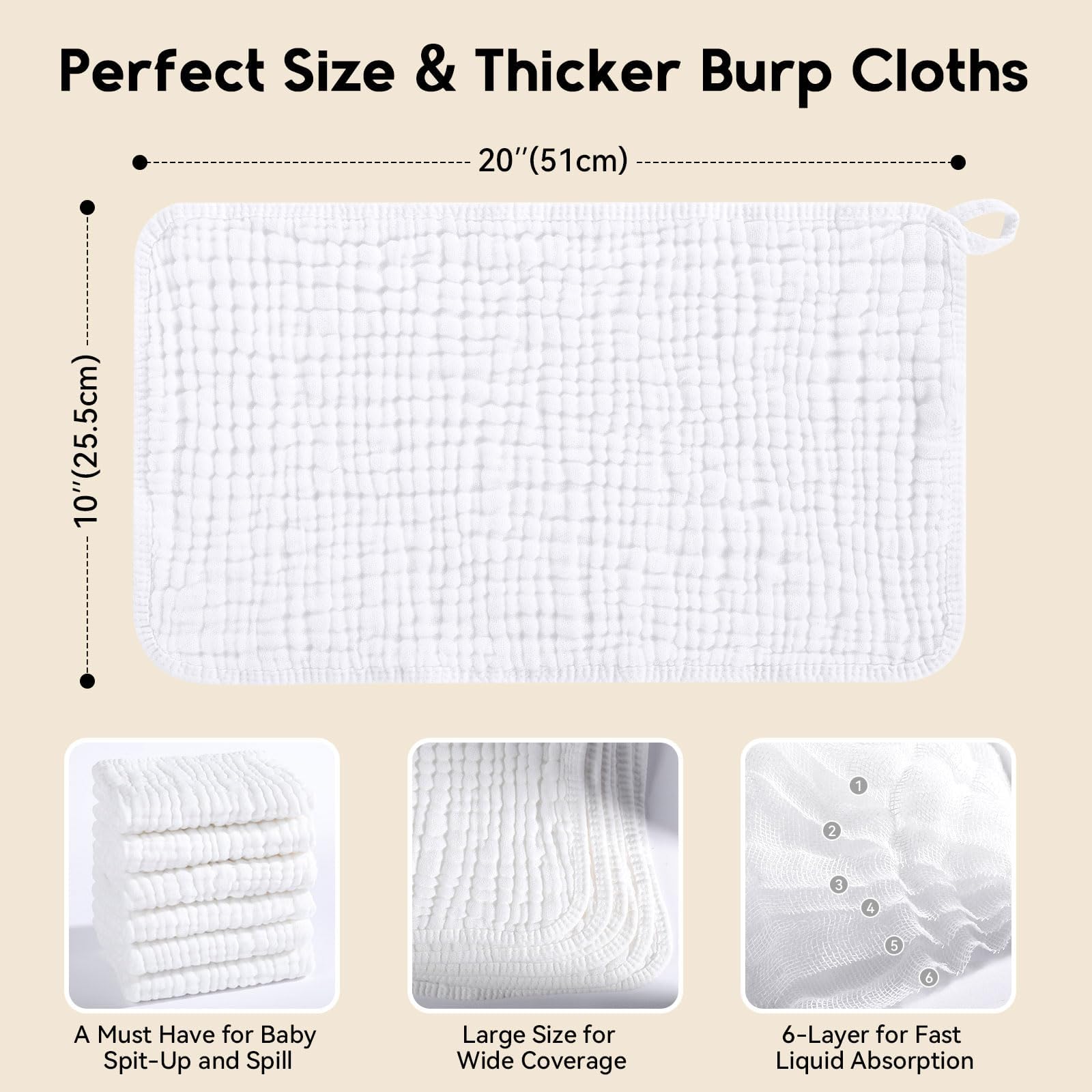 Unnivoll Muslin Cloths for Baby 100% Cotton Muslin Squares Burp Cloths Baby Essentials for Newborn Boys Girls Large 50x25CM Extra Soft and Absorbent 6 Pack - Image 3
