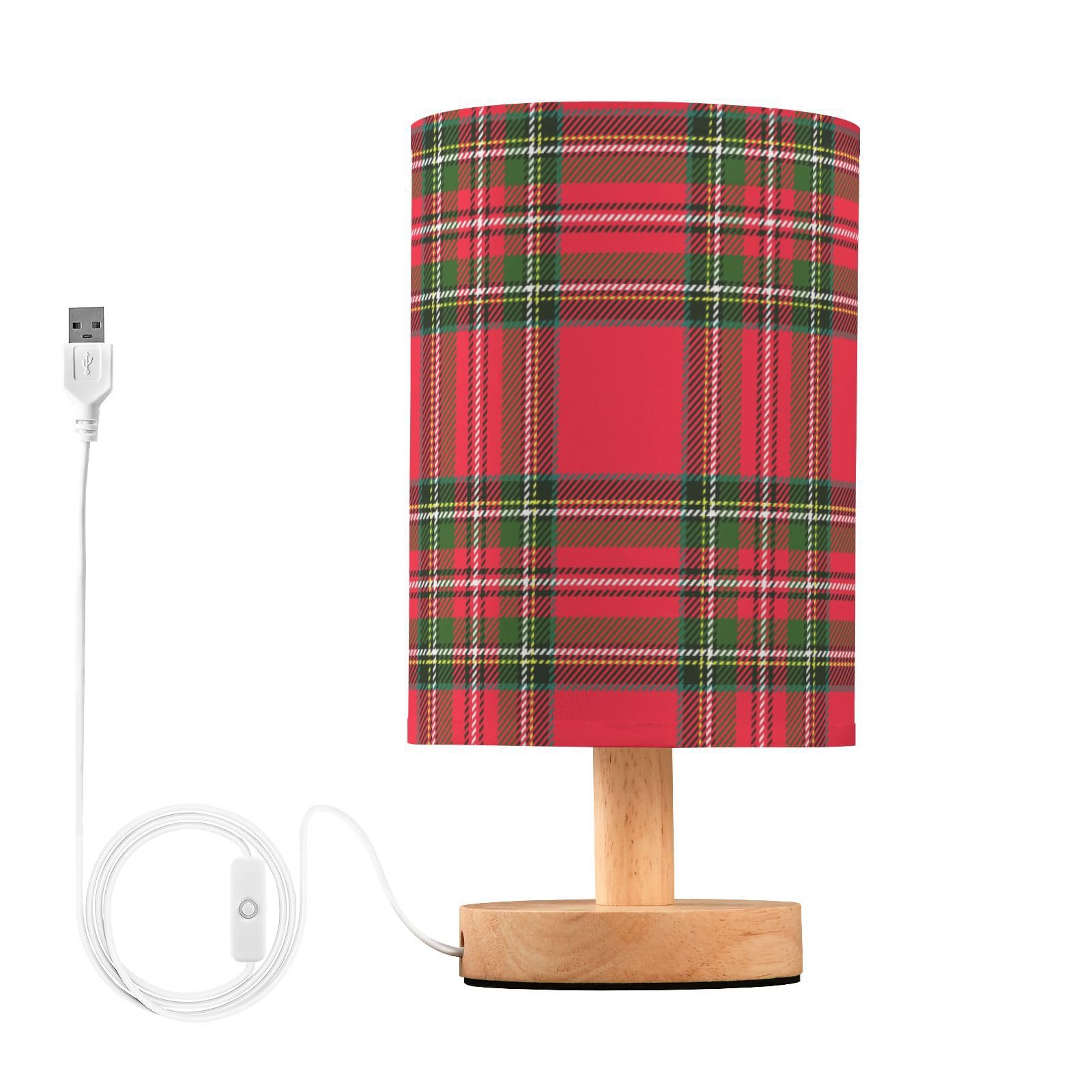 Mnsruu Bedside Lamp Red Green Tartan Plaid Christmas Table Lamp LED Nightstand Desk Lamp USB Charging Ports Linen Fabric Shade for Bedroom Living Room Office