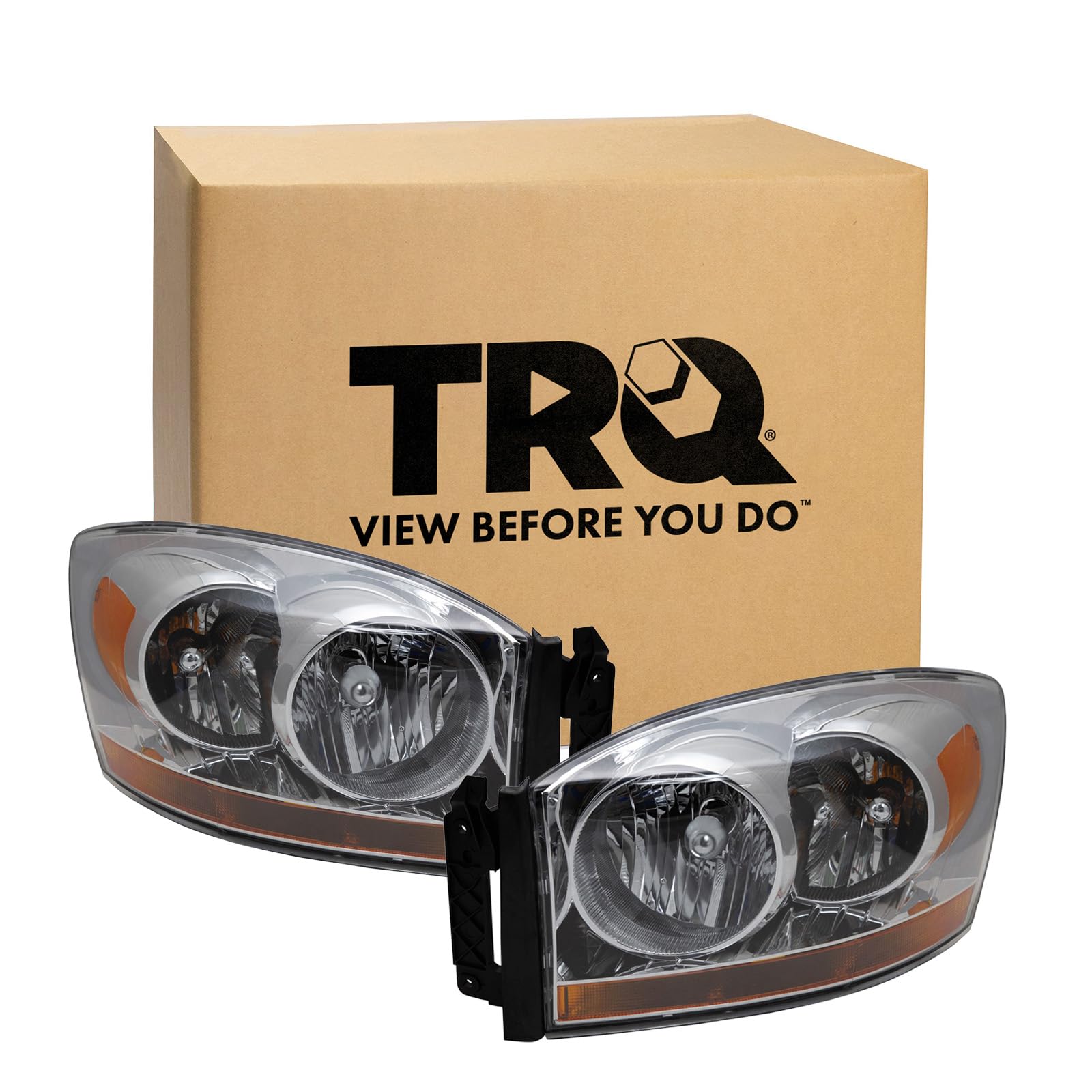 TRQ 2 Piece Headlight Assembly Set Chrome Bezel Driver &amp; Passenger Side Compatible with Ram 1500 2006-2008 Ram 2500 3500 2006-2009 With Amber Bar CH2518114 CH2519114 55077794AD 55077795AD