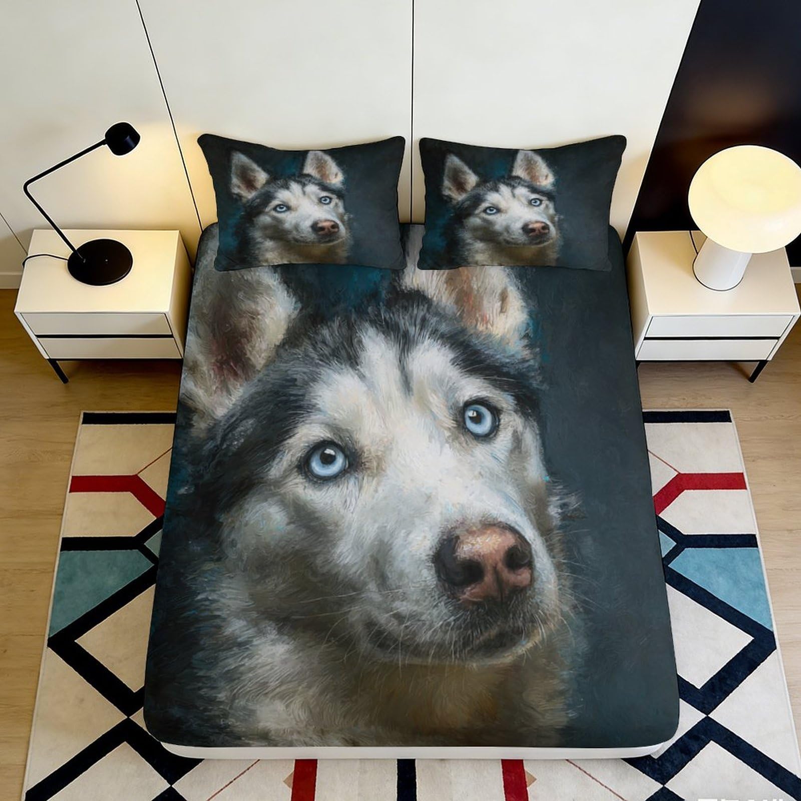 3D Printed Husky Dog Fitted Sheet Microfiber Soft Breathable Wolf Portrait Bed Cover for Bedroom Guest Room Decor 90x200x25cm