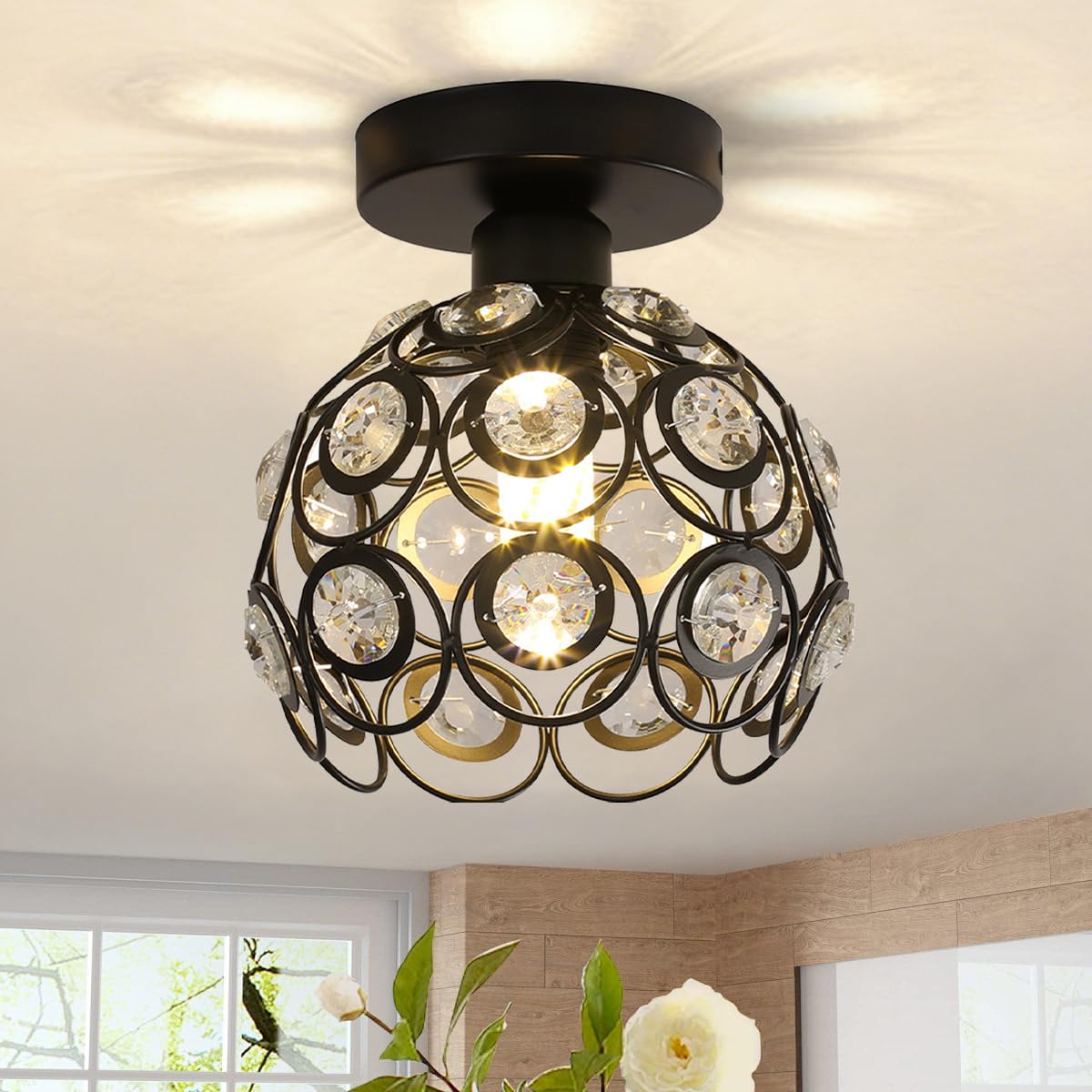 Small Faux Crystal Chandelier for Hallway Modern Black Semi Flush Mount Ceiling Light E26 Base Farmhouse Ceiling Lighting