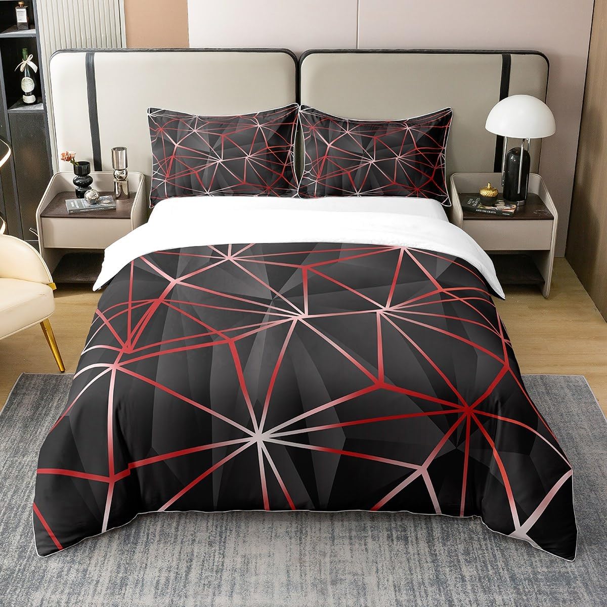Erosebridal 100% Natural Cotton Geometric Bedding Set Kids Modern Abstract Art Duvet Cover Stripes Lines Comforter Cover for Boys Room Decor Black Red Quilt Cover Queen Size with 2 Pillowcas