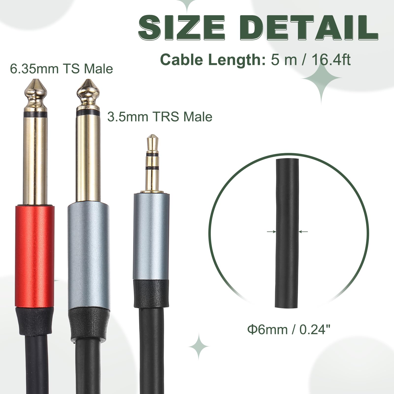 MECCANIXITY Cavo audio TRS da 1/8" a doppio TS da 6,35 mm, 4,6 m, da maschio 3,5 mm a doppio maschio da 6,35 mm, adattatore splitter a Y, cavo stereo per laptop, dispositivi home theater, nero