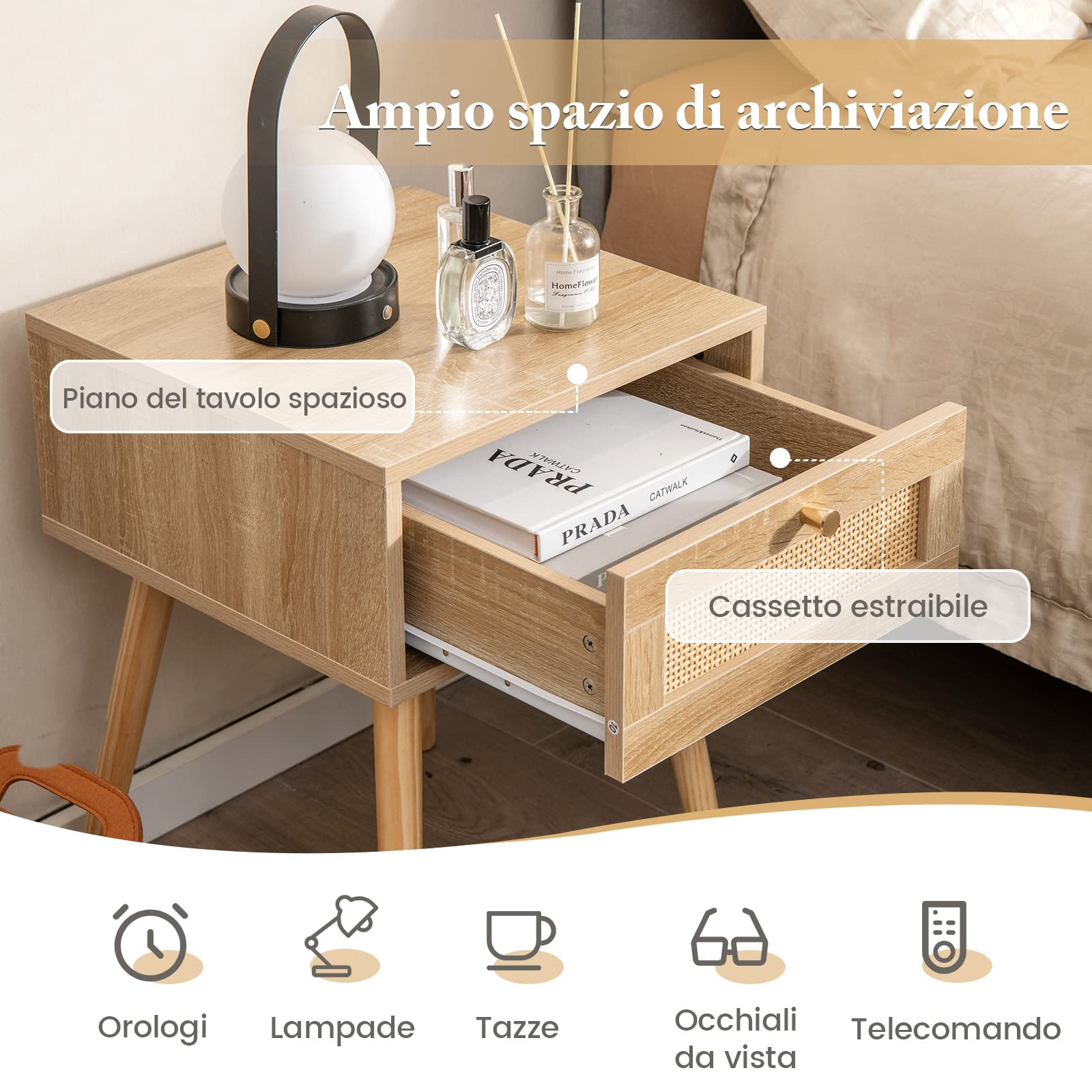 COSTWAY Set di 2 Comodini in Stile Boèmo in Legno e Rattan con Cassetto