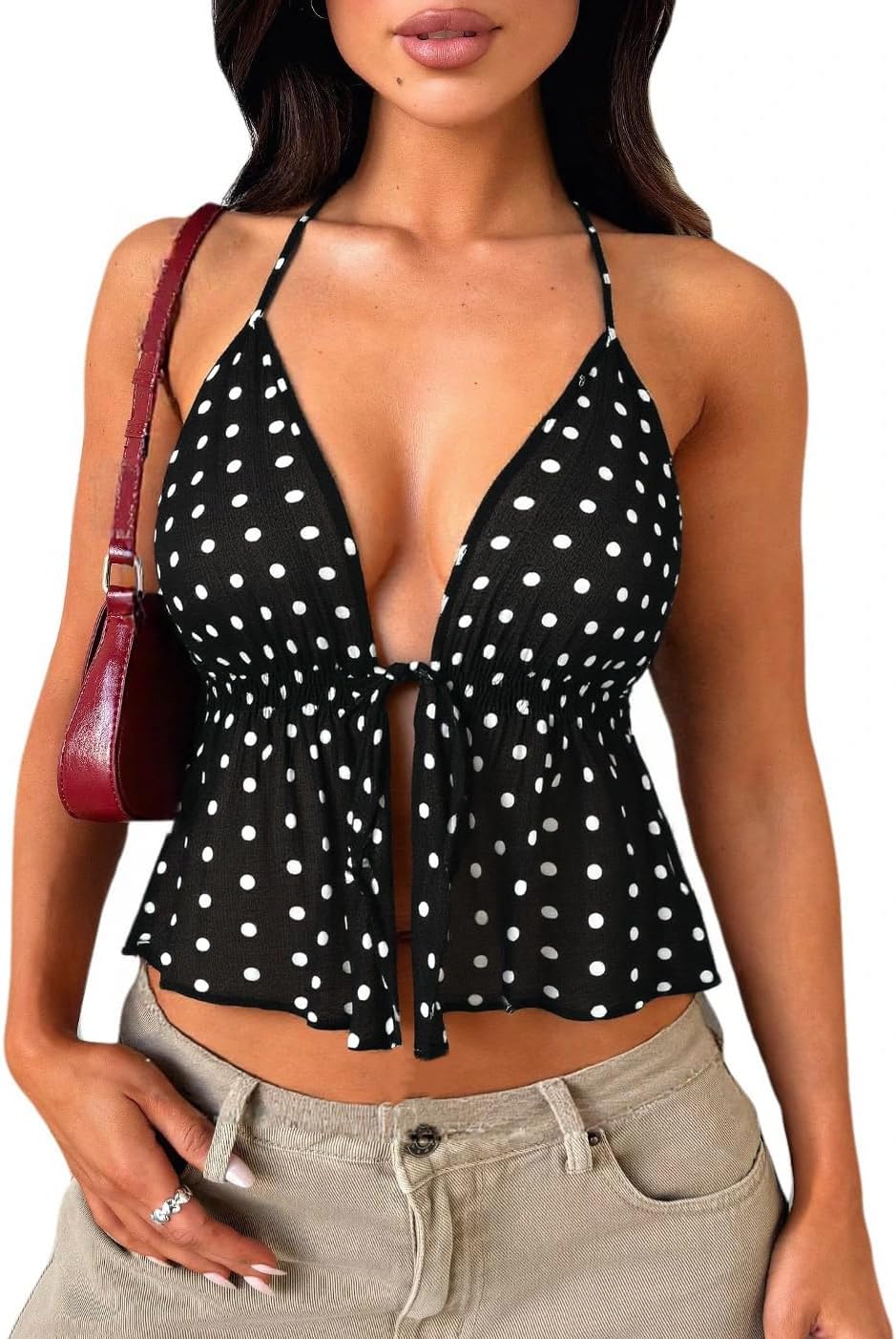 Women's Y2K Cute Summer Leopard Print Halter Top Sexy Tie Front Backless Ruffle Beach Crop Going Out Tops for Women