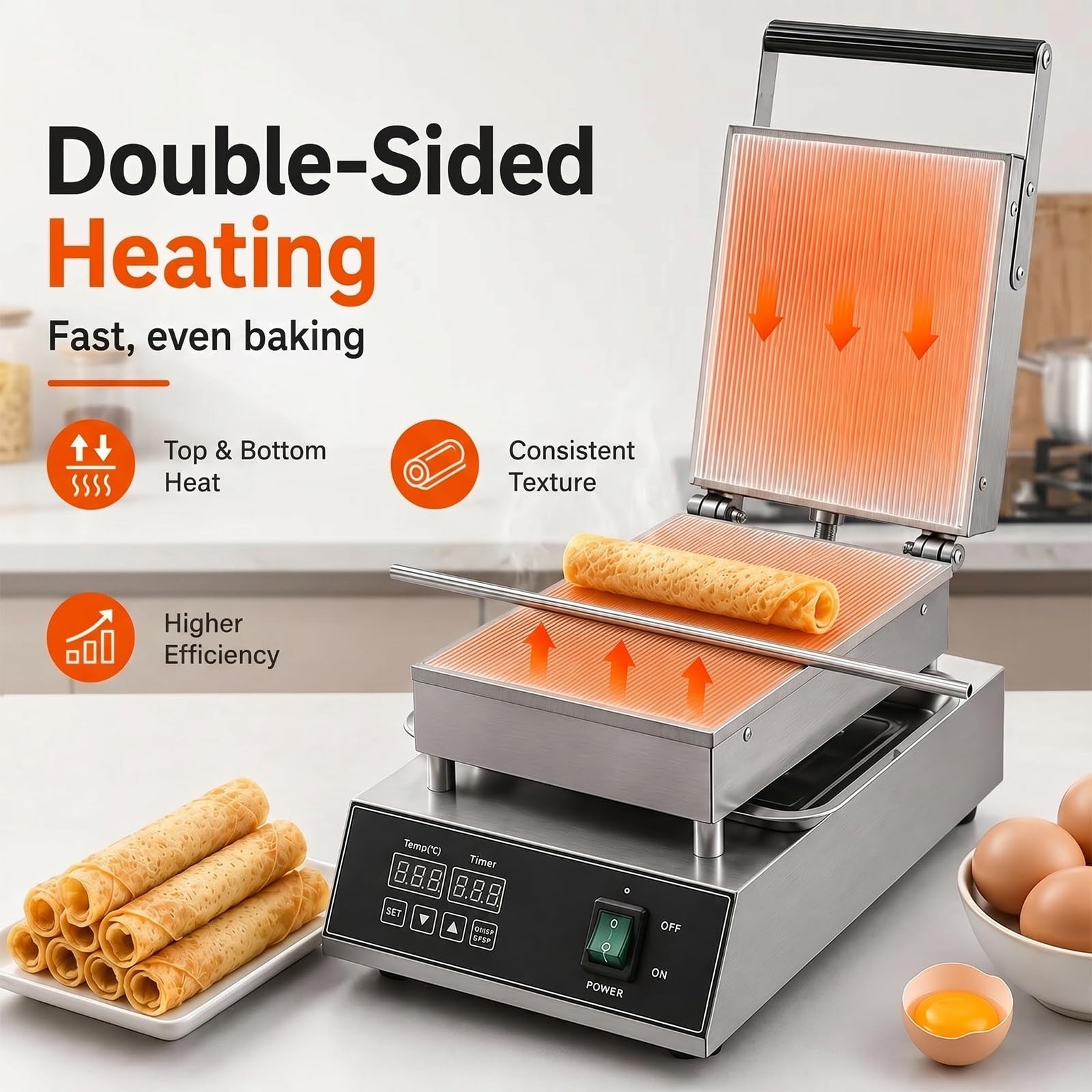 Máquina eléctrica comercial para hacer rollos de huevo, de acero inoxidable, para hacer conos de waffle crujientes, con temporizador de 0 a 9.99 minutos y calentamiento por ambos lados