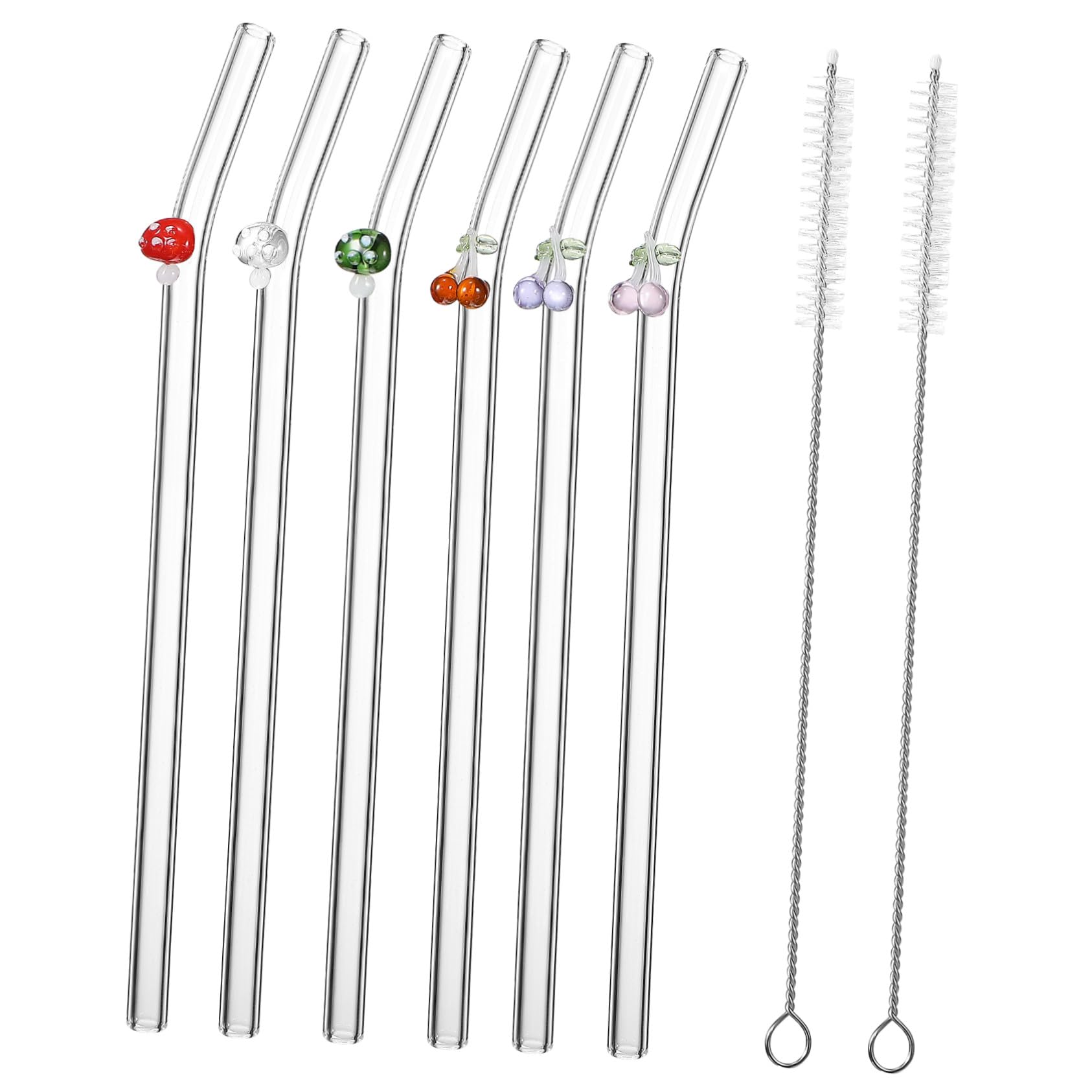 Juego de Pajitas de Vidrio Transparente Curvadas con 6 Piezas y 2 Cepillos de Limpieza, Reutilizables, Resistentes y Versátiles para Té con Leche y Agua Color Aleatorio