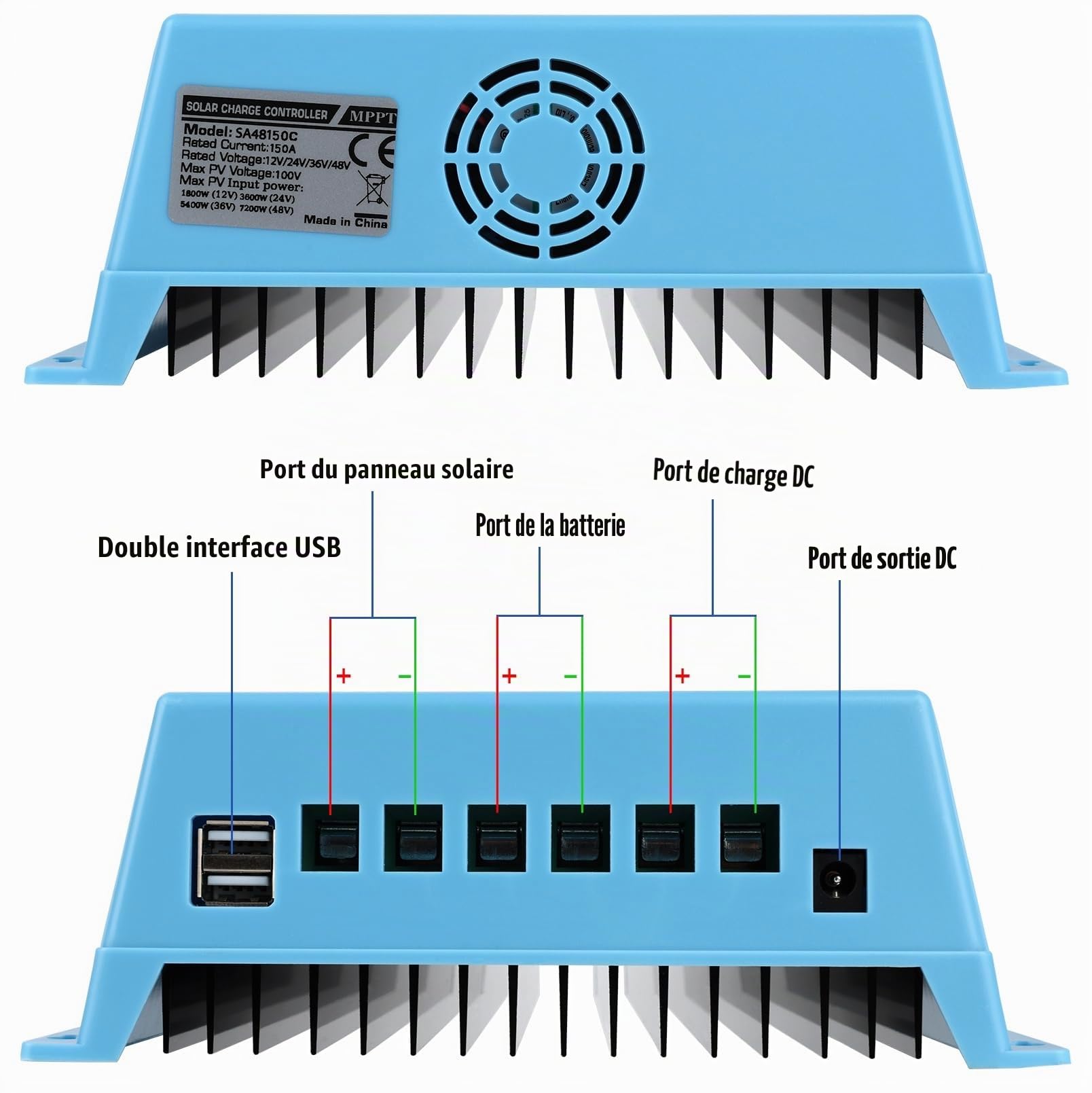 150A MPPT Régulateur de charge solaire, 12 V, 24 V, 36 V, 48 V | avec écran LCD et double USB, entrée PV max 100 V pour batterie plomb-acide/lithium