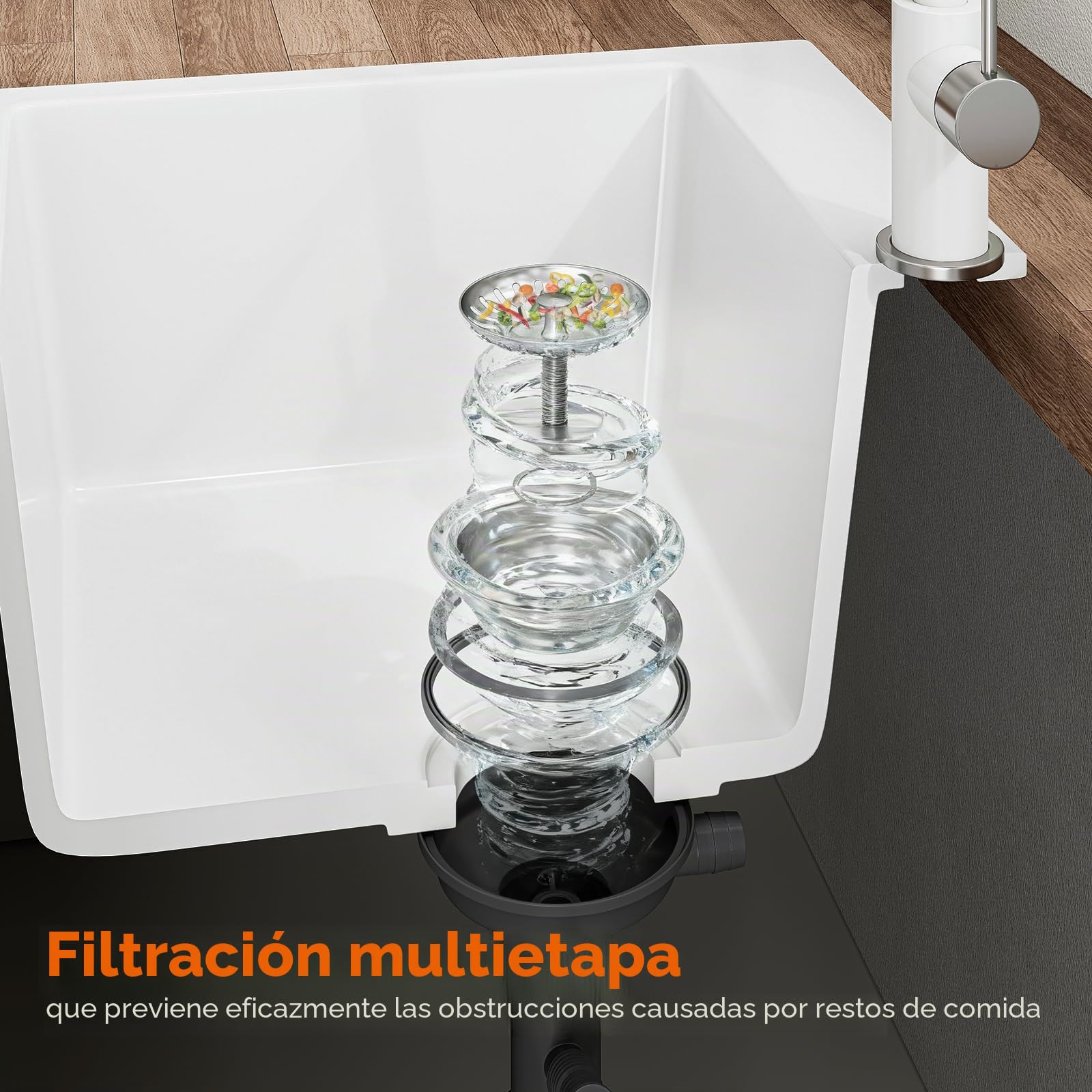 HOROW Fregadero de cocina compuesto de granito, tazón individual blanco de 60x45 cm, resistente a arañazos y manchas, superficie autorreparable, sellado con presión sin tapón adicional, con accesorios