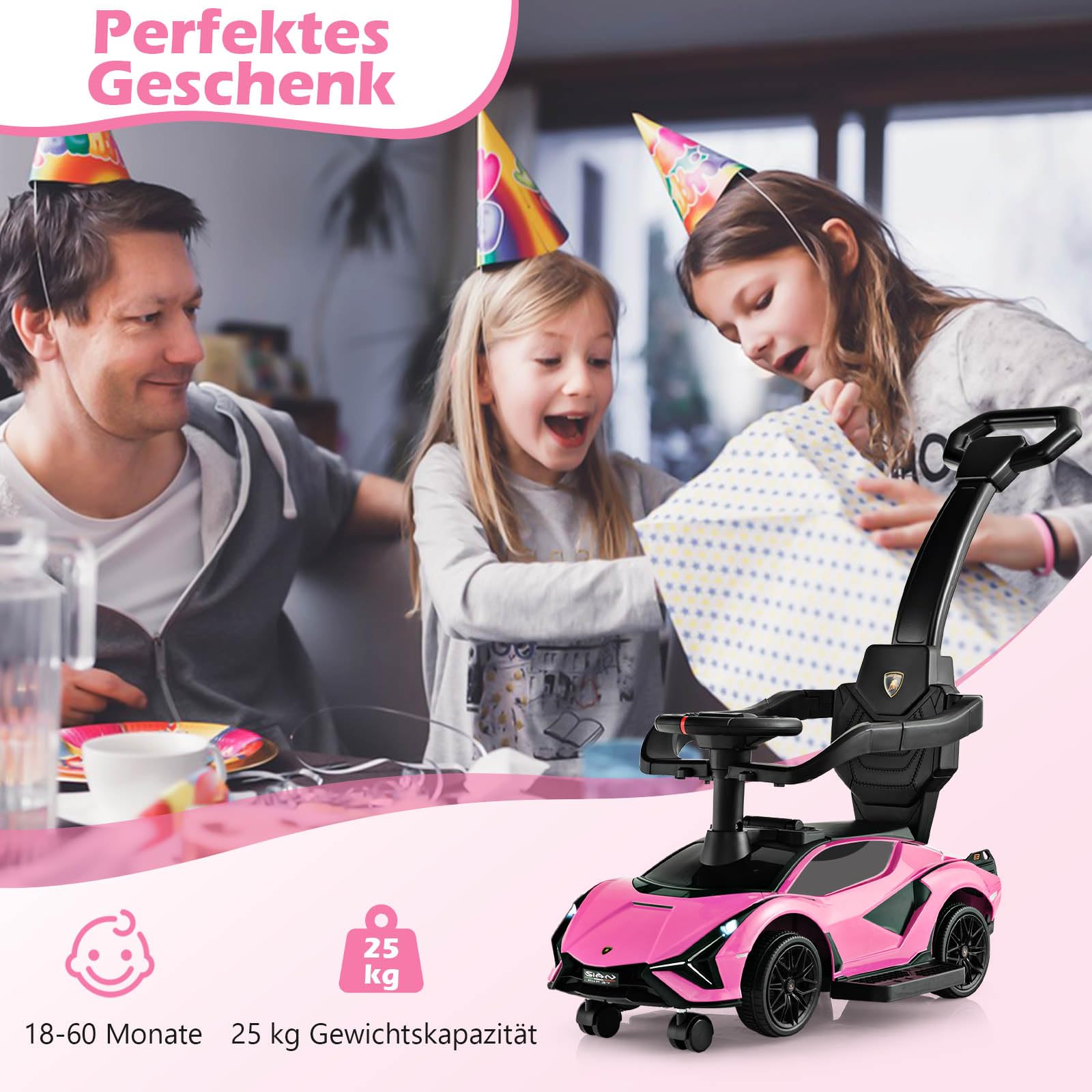 GOPLUS Samochód ślizgowy 3 w 1, Lamborghini ze zdejmowanym uniwersalnym kołem, USB, muzyka, miejsce do przechowywania, zdejmowany uchwyt przesuwny i poręcz ochronna, pojazd ślizgowy dla dzieci w wieku