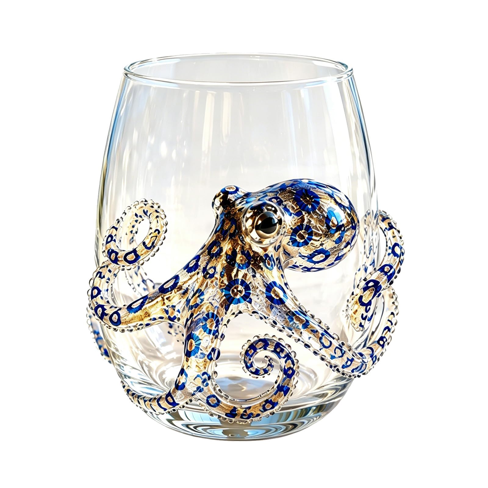 Artisanal Blue Ringed Octopus Glassware, Octopuses Stemless Wine Glasses, Handcrafted Marine Animal Bar Glass, Ocean Octopus Drinking Glass for Oceans Lovers ，A8