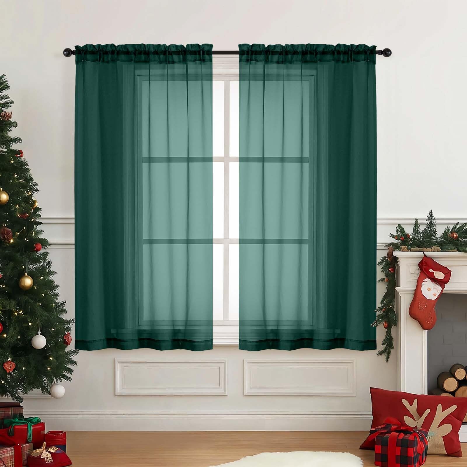 Ebesto Green Window Sheer Curtains 54 inch Length, Soft Airy Light Filtering Sheer Curtain 2 Panels Set, Dual Rod Pocket Gauze Drapes for Living Room Bedroom, Hunter Green, 2x42Wx54L Inches