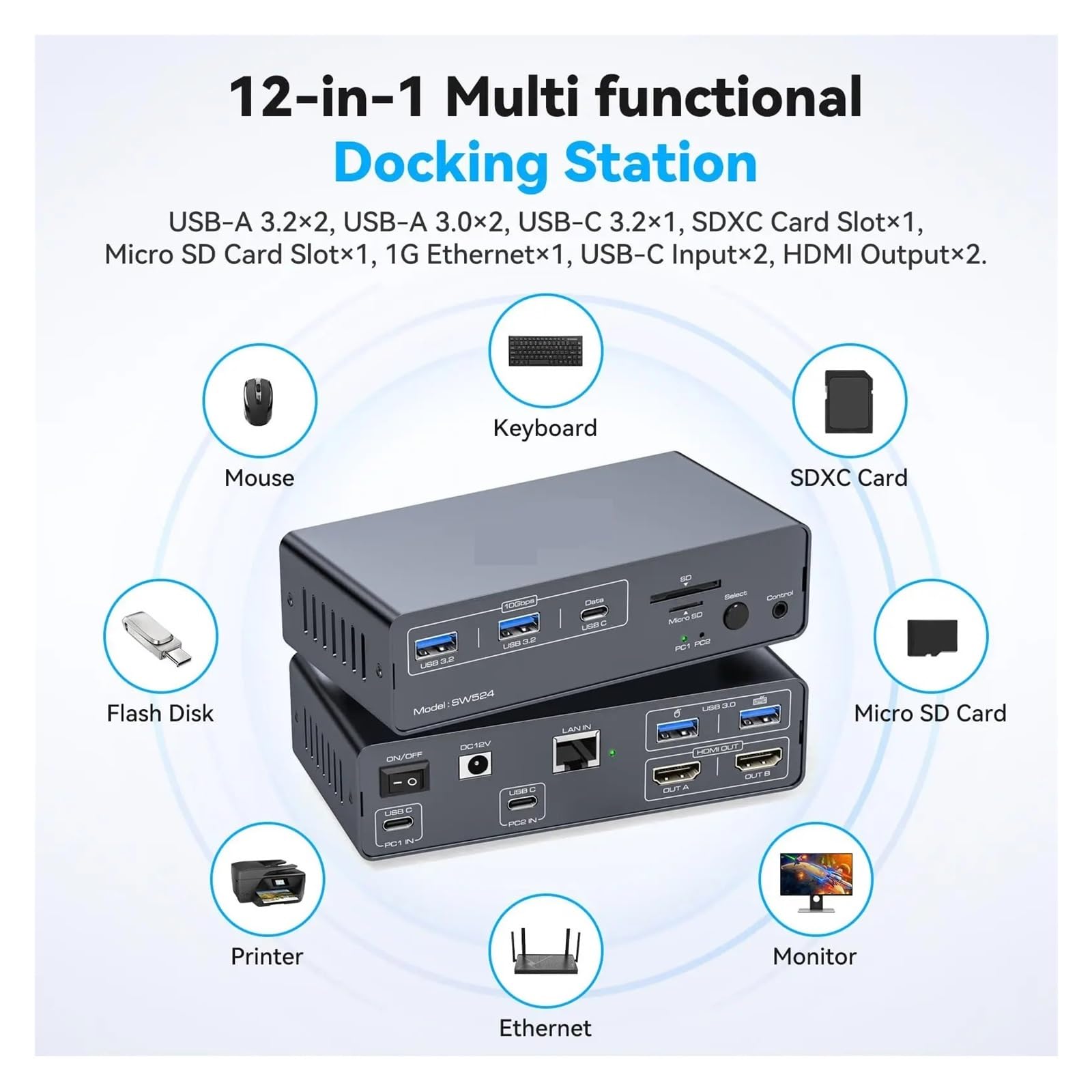 Convertitore Digitale, Switch KVM USB C 2 Monitor Computer 4K60Hz Stazione di Docking 10Gbps Porte 3. Doppio