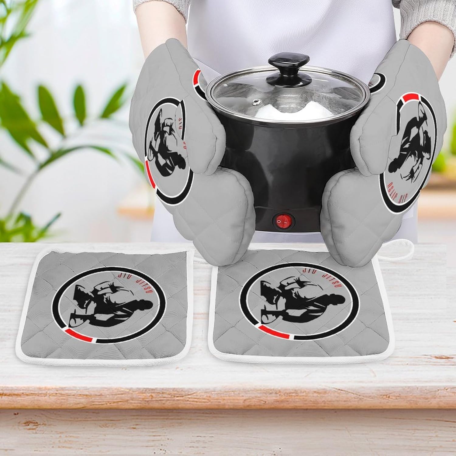 Jiu Jitsu Oven Mitts and Pot Holders 4Pcs Set Heat Resistant Cooking Mitts Hot Pads