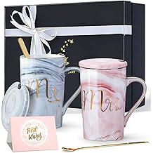 Jumway Wedding Gifts for Bride and Groom, Gifts for Bridal Shower Engagement Wedding and Married Couples Anniversary - Ceramic Marble Coffee Mugs with Real Gold Mr/Mrs Letters 14 Oz Pink