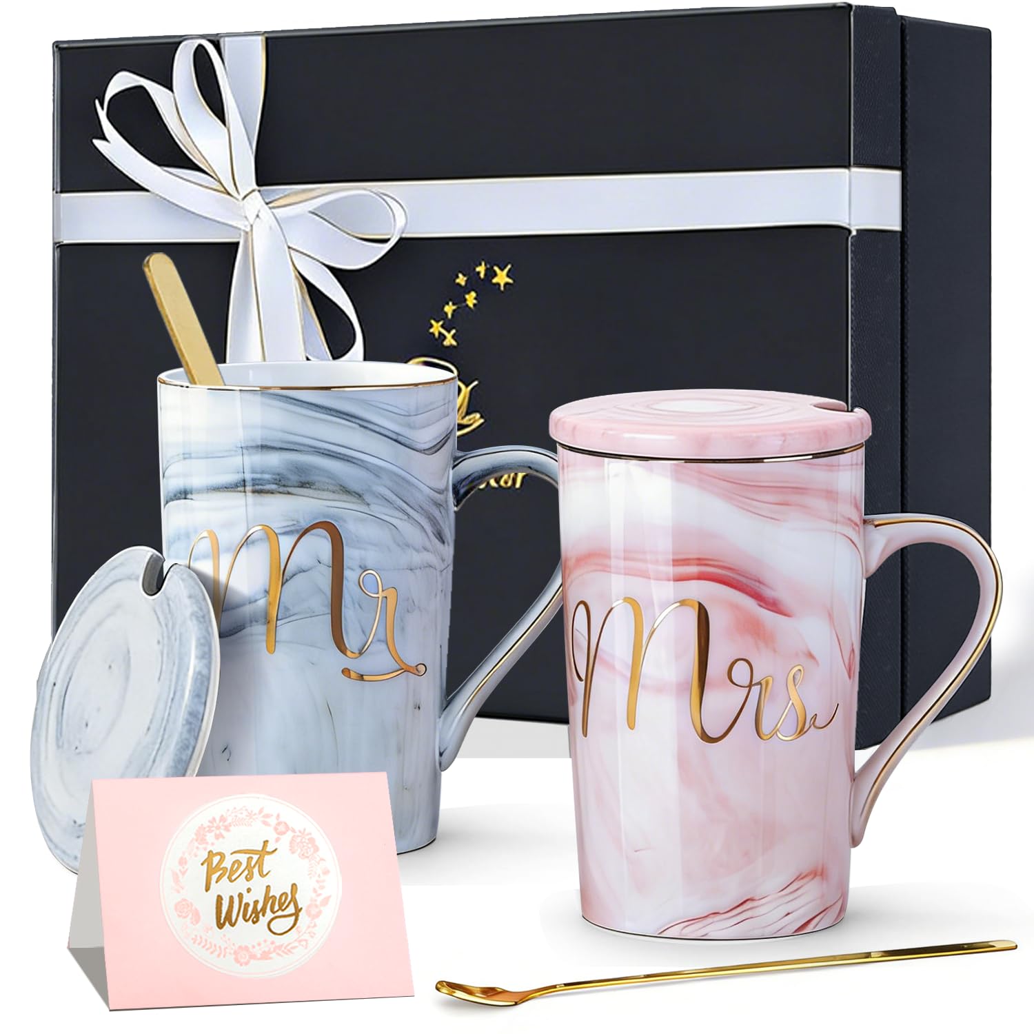 Jumway Wedding Gifts for Bride and Groom, Gifts for Bridal Shower Engagement Wedding and Married Couples Anniversary - Ceramic Marble Coffee Mugs with Real Gold Mr/Mrs Letters 14 Oz Pink