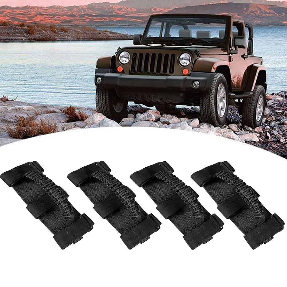 YANN 4 Pcs Grab Handles Roll Bar Paracord Hand Hold Grip Handle Heavy Duty Grips for Wrangler TJ CJ YJ JK JKU JL JLU Sahara Freedom Rubicon Unlimited X Gladiator JT 1955-2022 UTV ATV (Black)