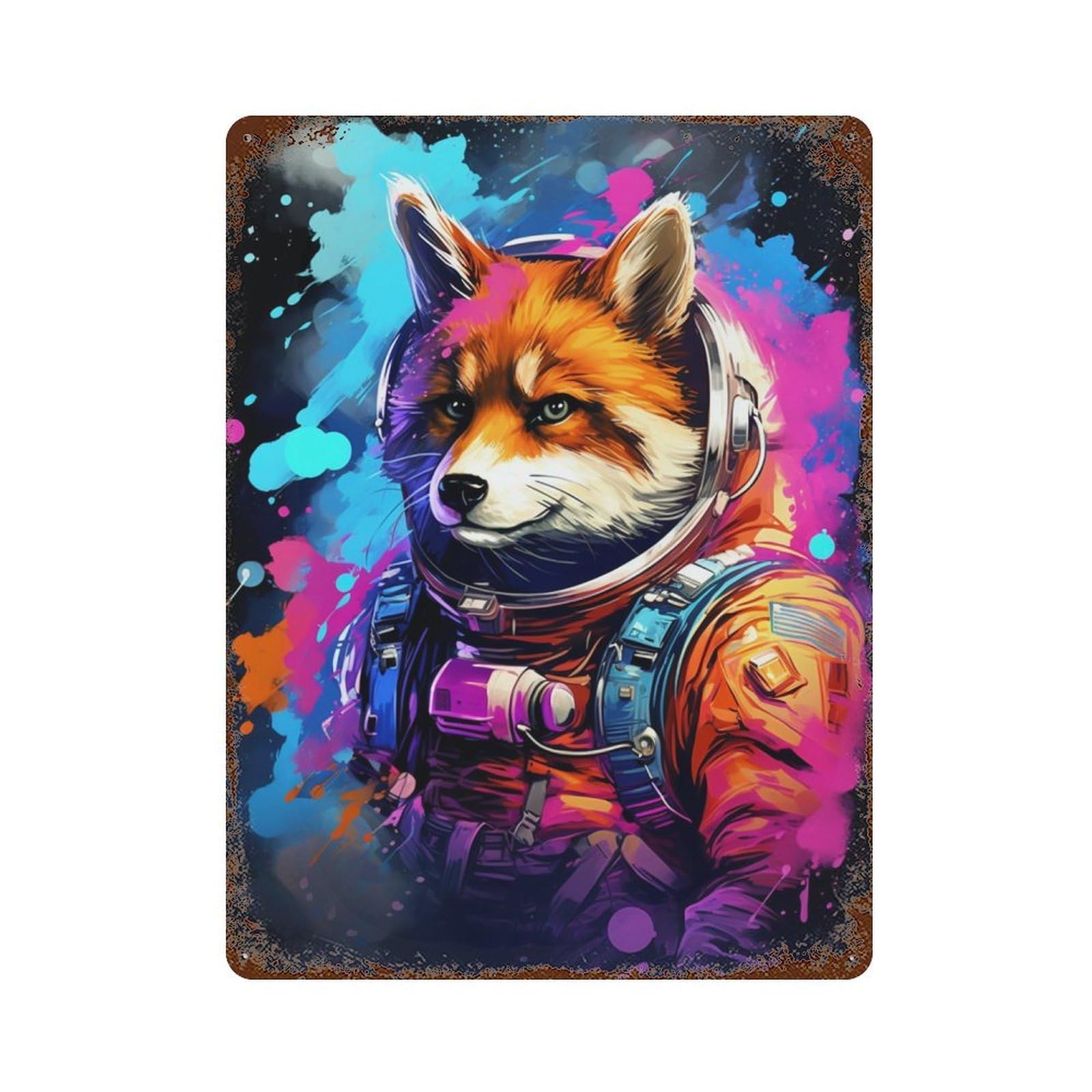 Rust Effect Cosmic Fox Astronaut Art-1 Weathered Tin Sign 15.7"x11.8", Retro Wall Decor for Garage, Bar And Workshop Decor