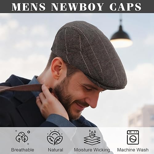 Miniatura 5 de Senker Fashion Paquete de 2 gorras de Newsboy para hombre, ajustables, de espiga, de lana de tweed, gorra plana, gorra de conducción Ivy Cabbie