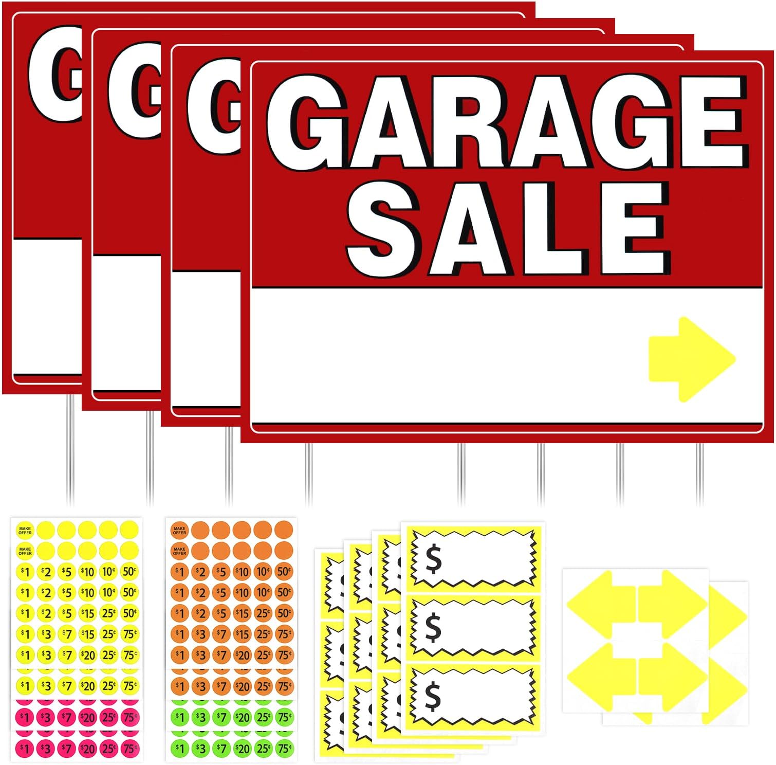 4pcs Garage Sale Sign, Garage Sale Signs Set with Stakes
