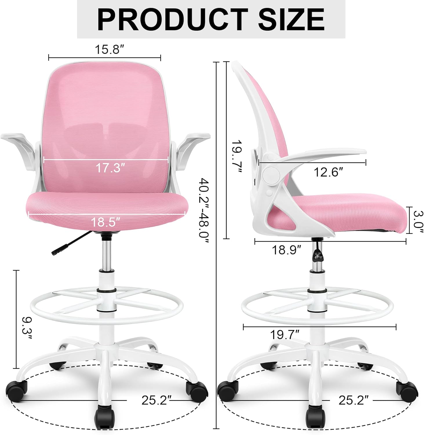 primy drafting chair tall office chair with flip-up armrests executive ergonomic computer standing desk chair with lumbar support and adjustable footrest ring (pink) 934-z pink