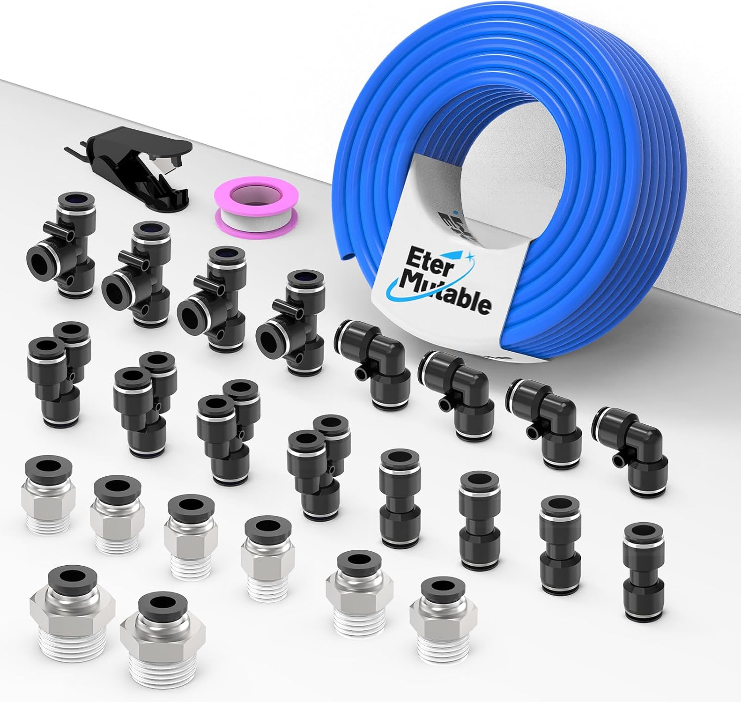 8mm(5/16 Inch) OD 5mm ID Blue Polyurethane PU Pneumatic Air Hose Tubing kits 32.8 Feet/10Meter Air Brake Line Tubing Compressed Accessories 27Packs