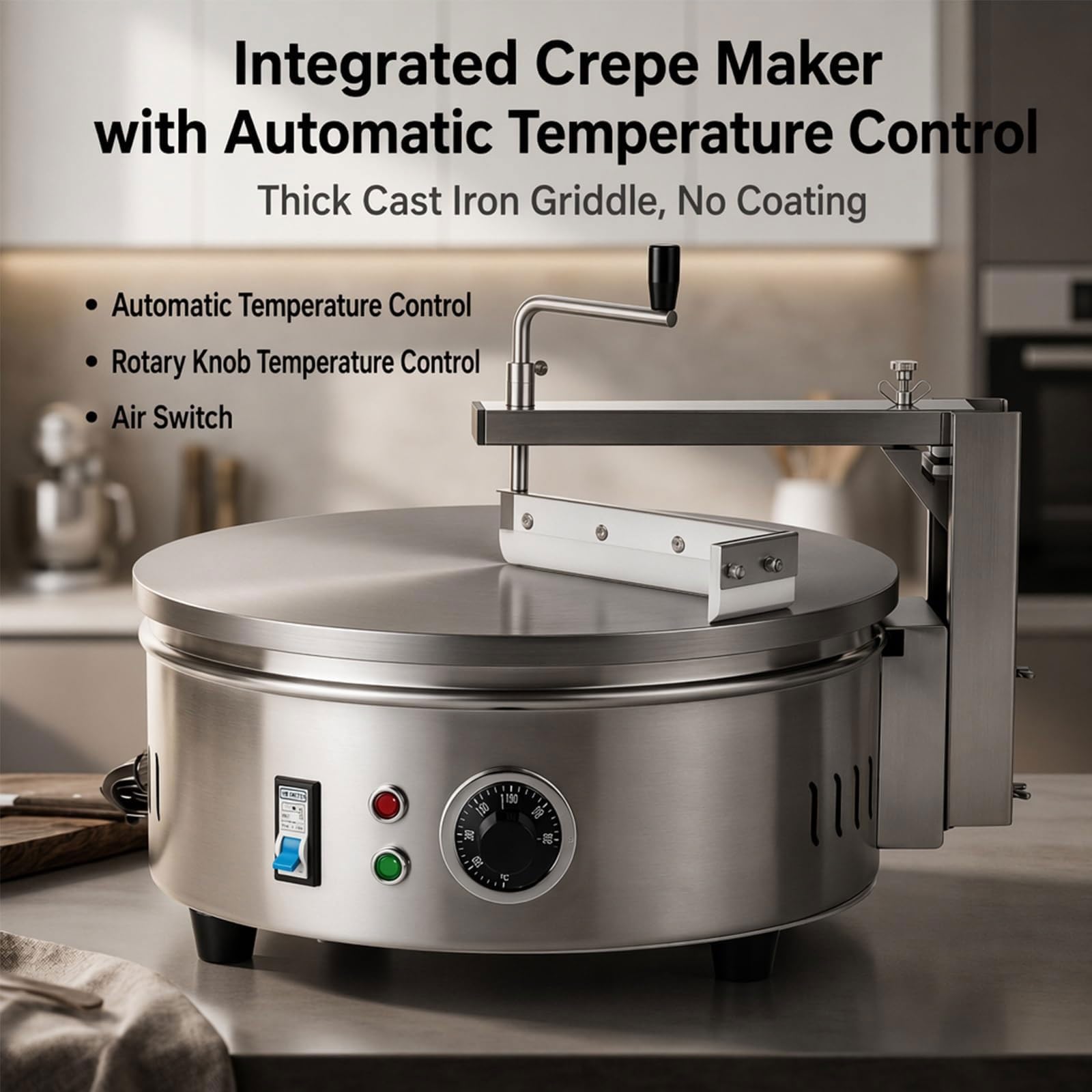 Máquina eléctrica Comercial para Crepes y Tortitas de 220 V con 7 Accesorios, Plancha Antiadherente de Acero Inoxidable de 40 cm y Temperatura Ajustable.