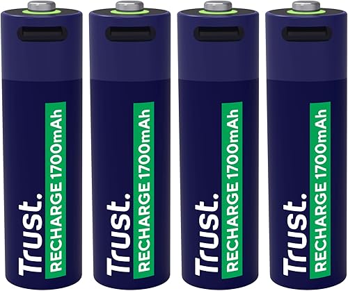 Trust USB-C Rechargeable Battery AA 4-Pack, Built-in USB C Port, No Battery Charger Necessary, Cable Included, 1700mAh High Capacity Rechargeable Batteries via Phone Charger/USB Port, Pack of 4