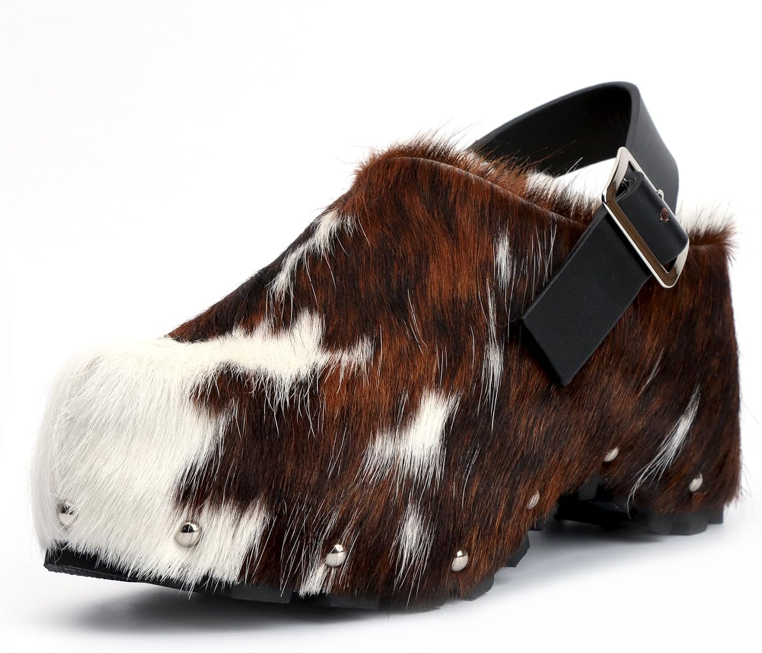 XOBZJH Women's Long Calf Hair Platform Clogs with Wool Lined Slip On Mules & Clogs Adjustable Leather Ankle Strap with Buckle Fur Shoes