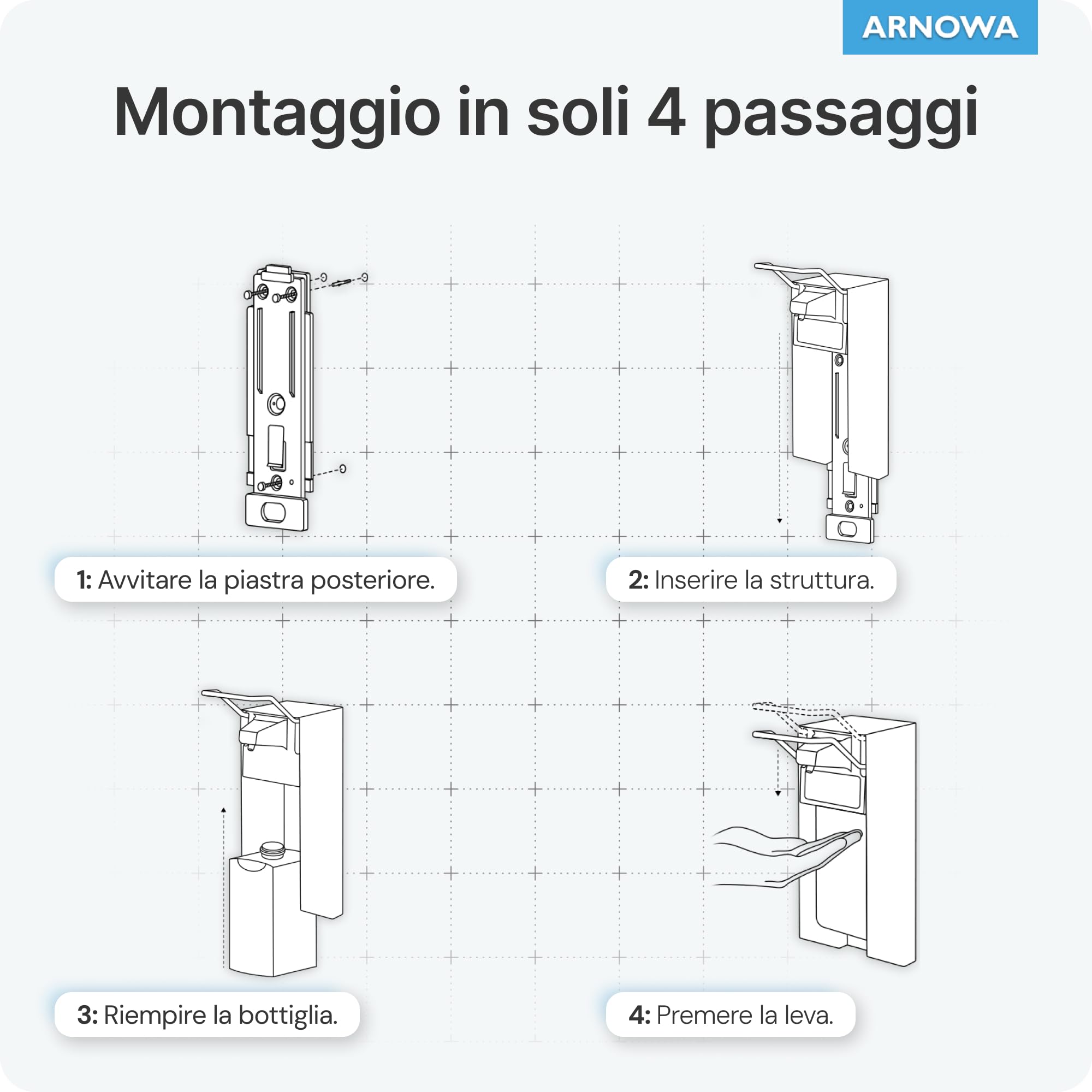 ARNOMED 4 Dispenser di sapone in alluminio, dispenser a muro gel disinfettante mani da 500ml, Euro dispenser con leva lunga, dispenser gel disinfettante mani parete, dispenser bagnoschiuma doccia