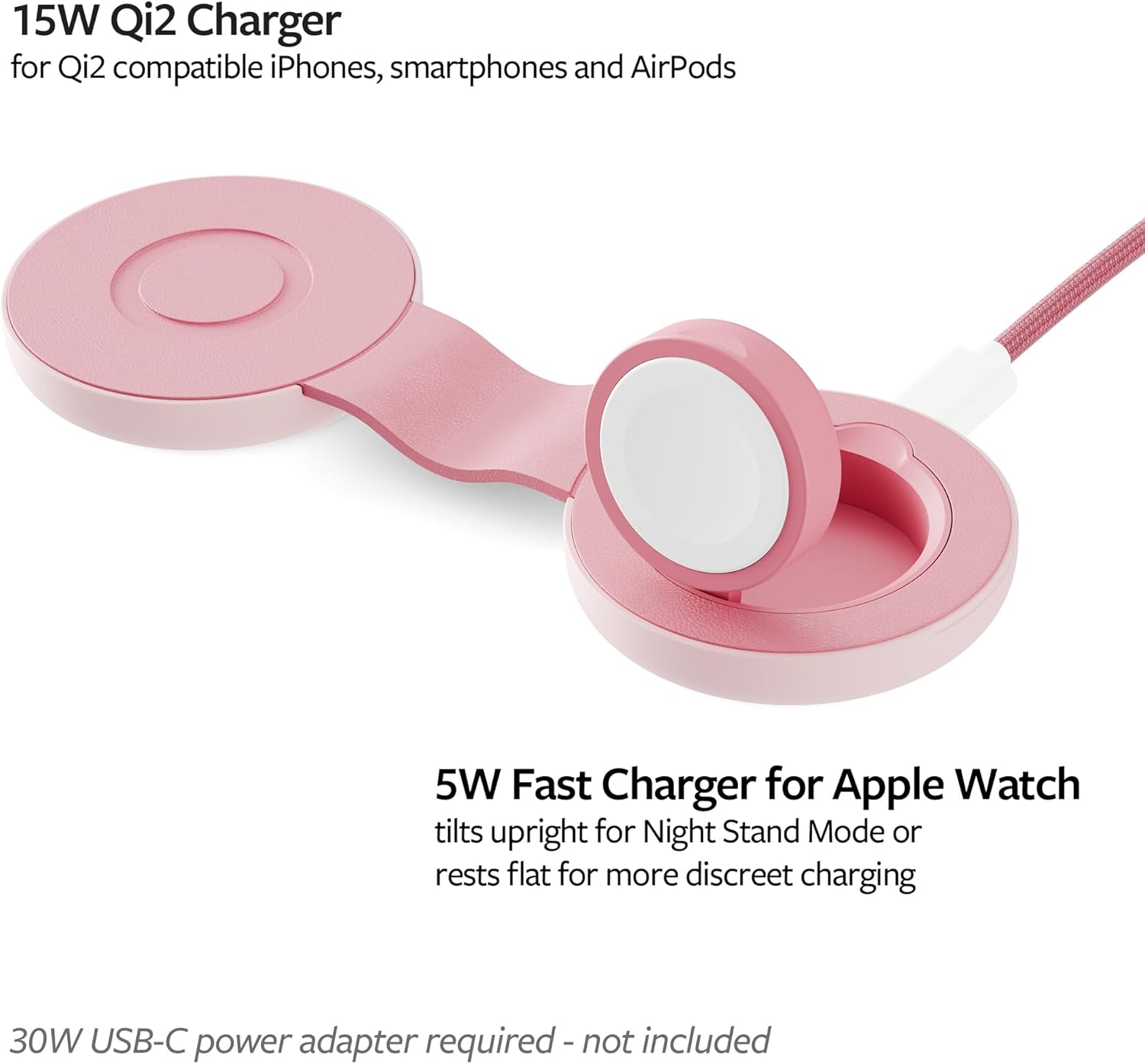 Butterfly SE 2-in-1 Compact Foldable Wireless Travel Charger, 15W MagSafe Duo Charging for iPhone, Airpods, and Apple Watch, Pink