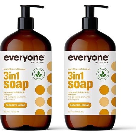 Everyone 3-in-1 Soap, Body Wash, Bubble Bath, Shampoo, 32 Ounce (Pack of 2), Coconut and Lemon, Coconut Cleanser with Organic Plant Extracts and Pure Essential Oils (Packaging May Vary)