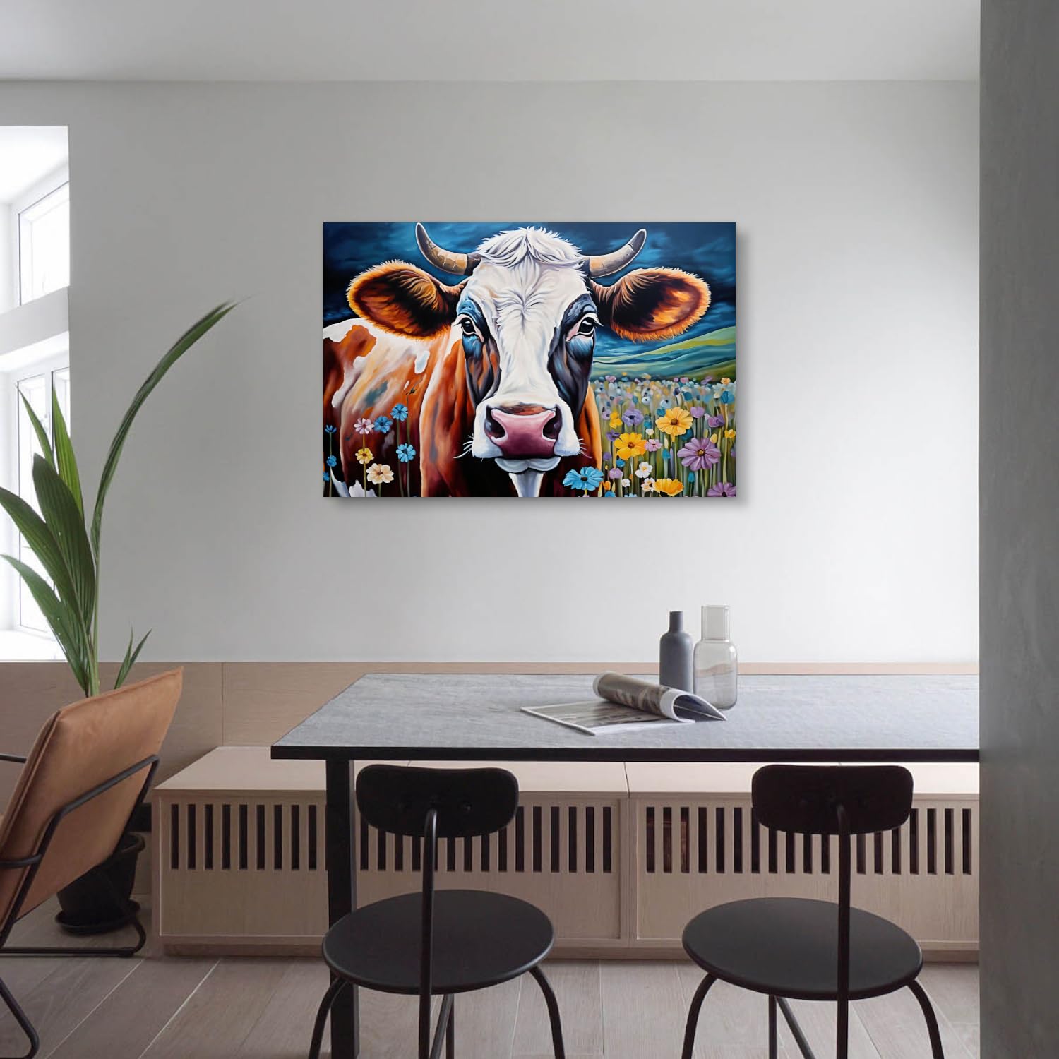 Amazon.co.jp: LYUNSHUO 牛キャンバスウォールアート 鮮やかな草原の花